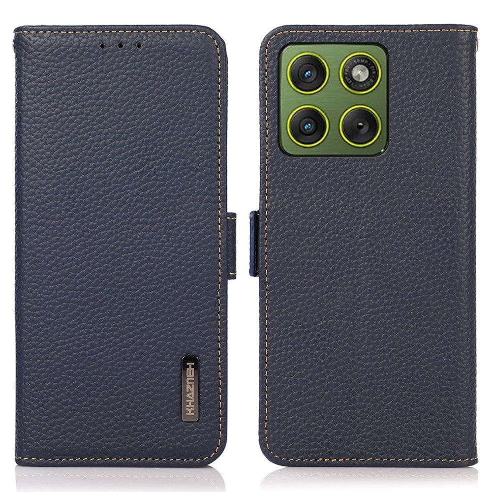 KHAZNEH for Motorola Edge 70 5G Phone Case Genuine Cow Leather Cover RFID Blocking - Blue