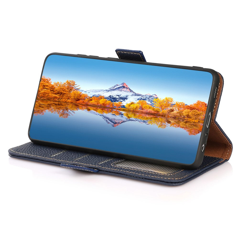 KHAZNEH for Motorola Edge 70 5G Phone Case Genuine Cow Leather Cover RFID Blocking - Blue