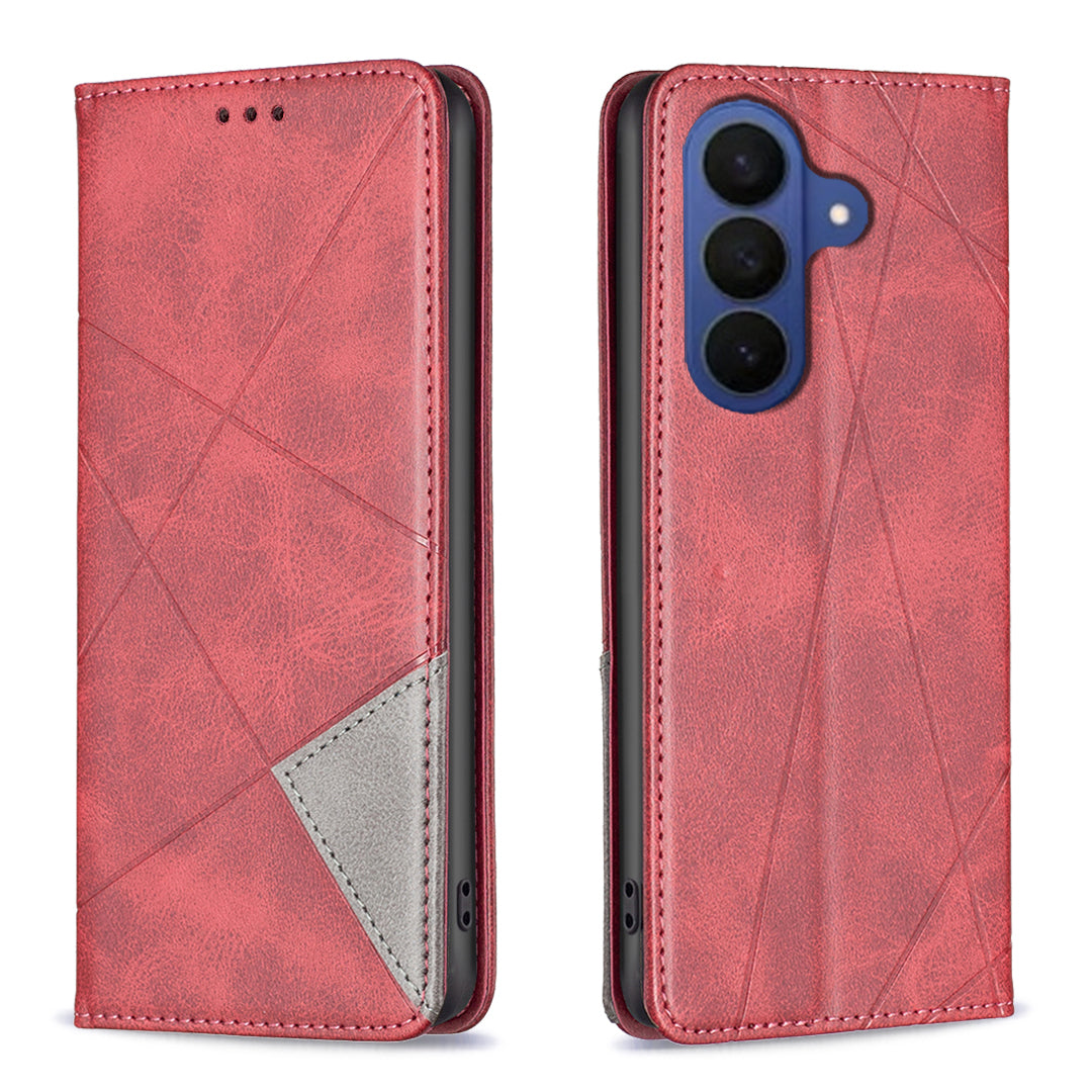 For Samsung Galaxy A57 5G Case Card Slots Geometry Imprint Leather Phone Cover - Red