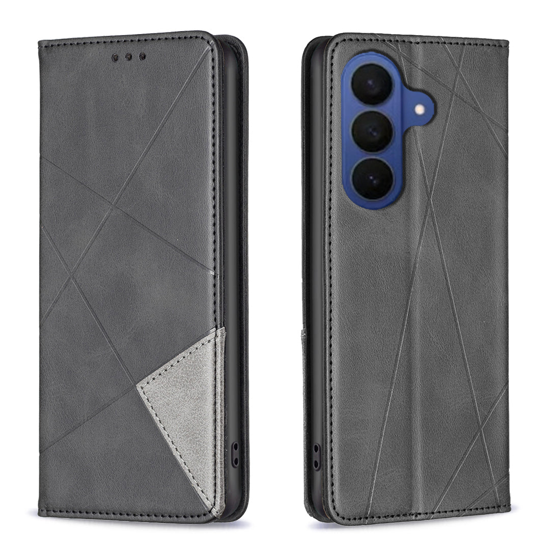 For Samsung Galaxy A57 5G Case Card Slots Geometry Imprint Leather Phone Cover - Black