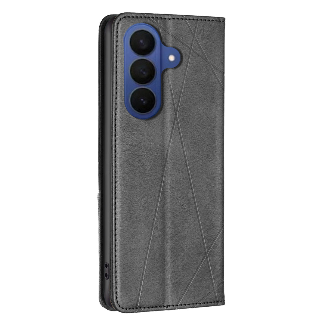For Samsung Galaxy A57 5G Case Card Slots Geometry Imprint Leather Phone Cover - Black