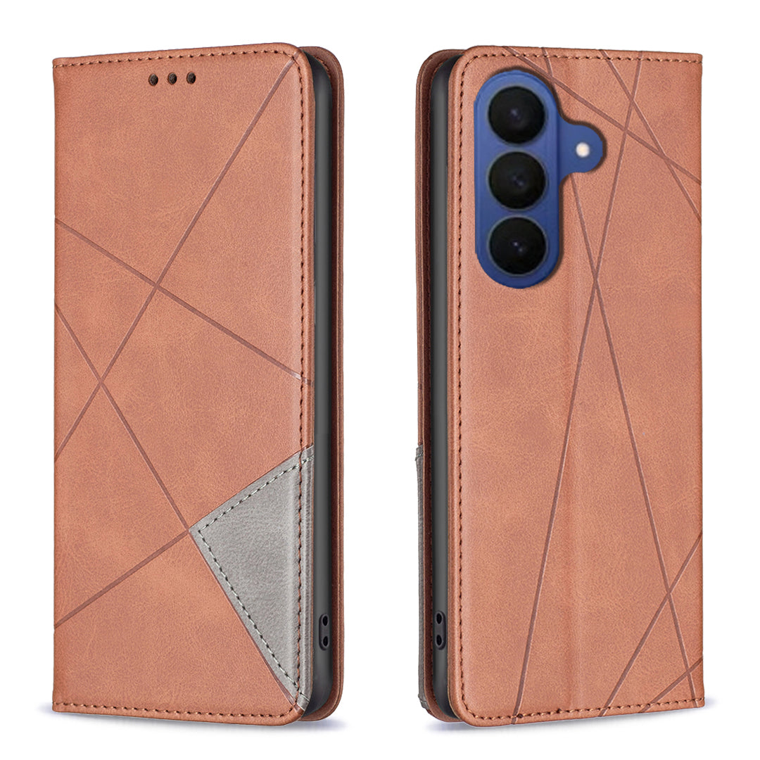 For Samsung Galaxy A57 5G Case Card Slots Geometry Imprint Leather Phone Cover - Brown