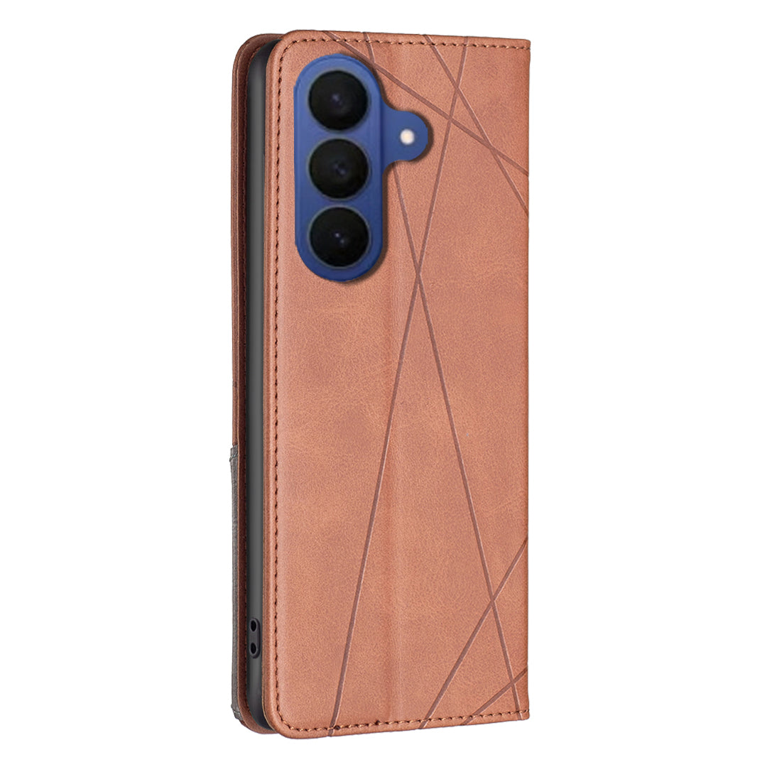 For Samsung Galaxy A57 5G Case Card Slots Geometry Imprint Leather Phone Cover - Brown