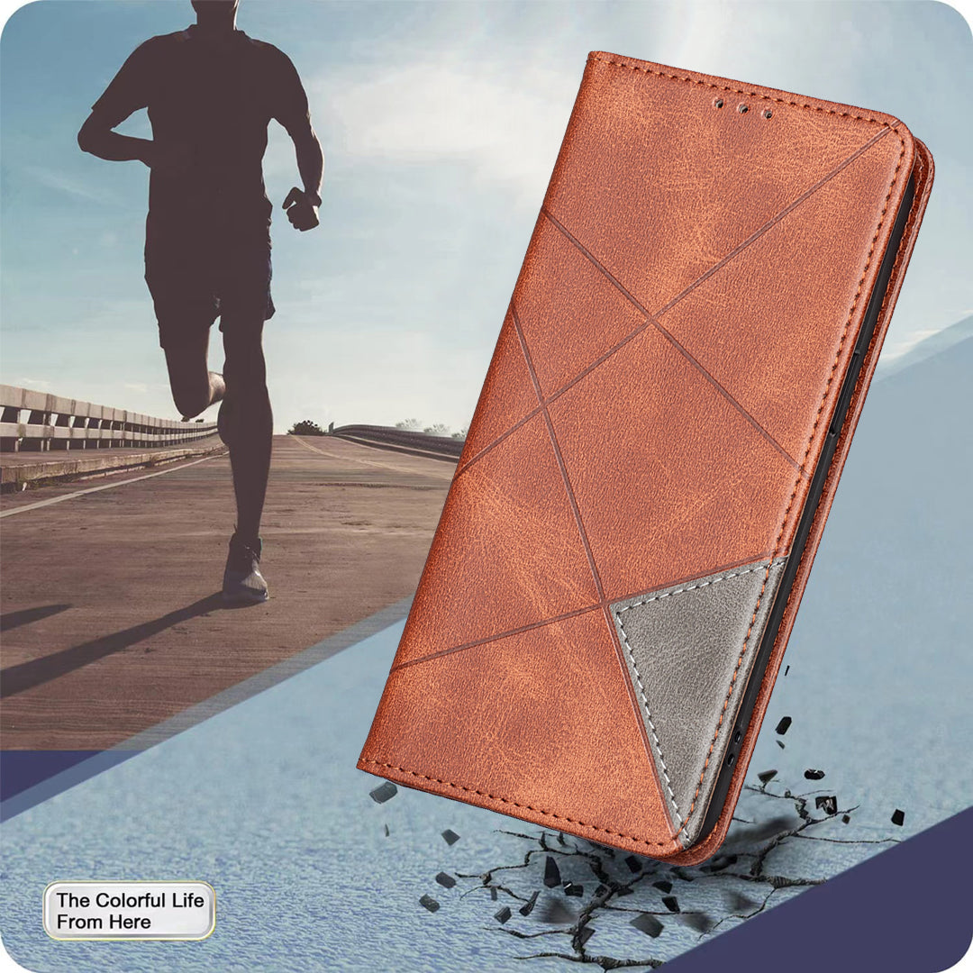 For Samsung Galaxy A57 5G Case Card Slots Geometry Imprint Leather Phone Cover - Brown