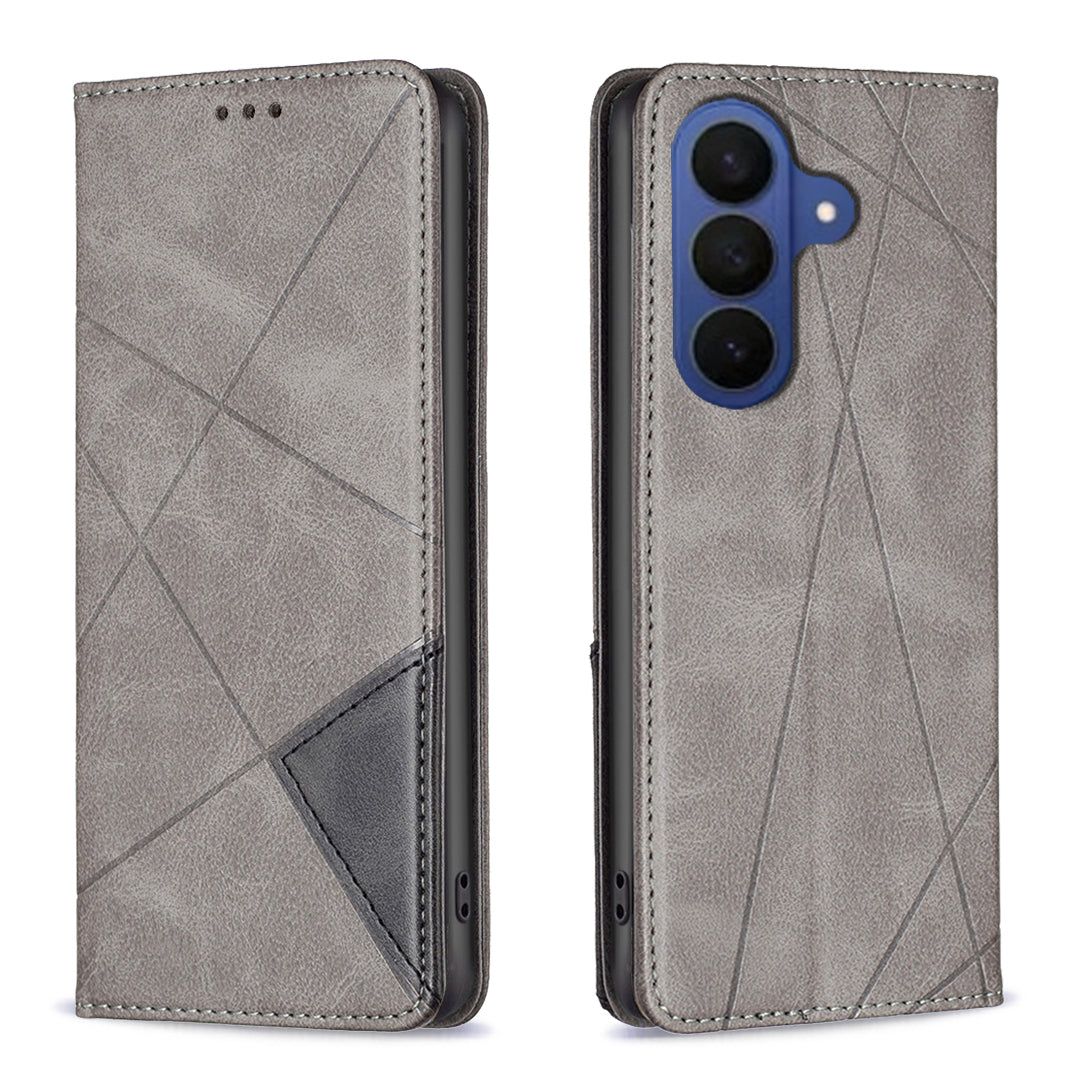 For Samsung Galaxy A57 5G Case Card Slots Geometry Imprint Leather Phone Cover - Grey