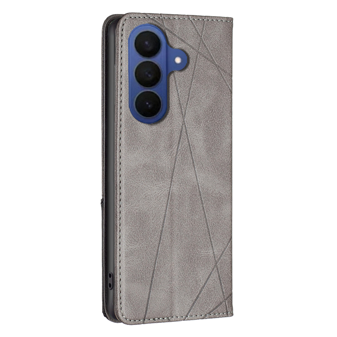 For Samsung Galaxy A57 5G Case Card Slots Geometry Imprint Leather Phone Cover - Grey