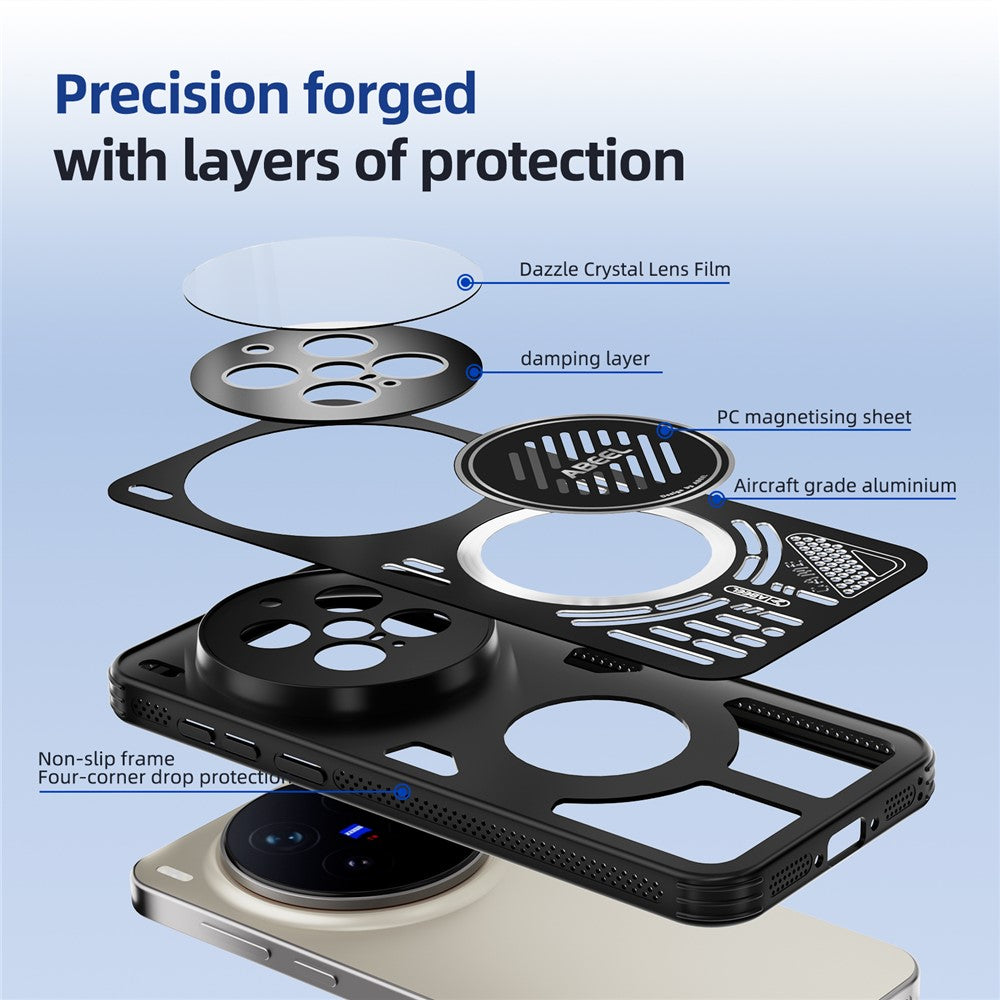 ABEEL For vivo X300 Pro 5G Magnetic Case Aluminium Alloy + PC + TPU Hollow Heat Dissipation Phone Cover - Blue