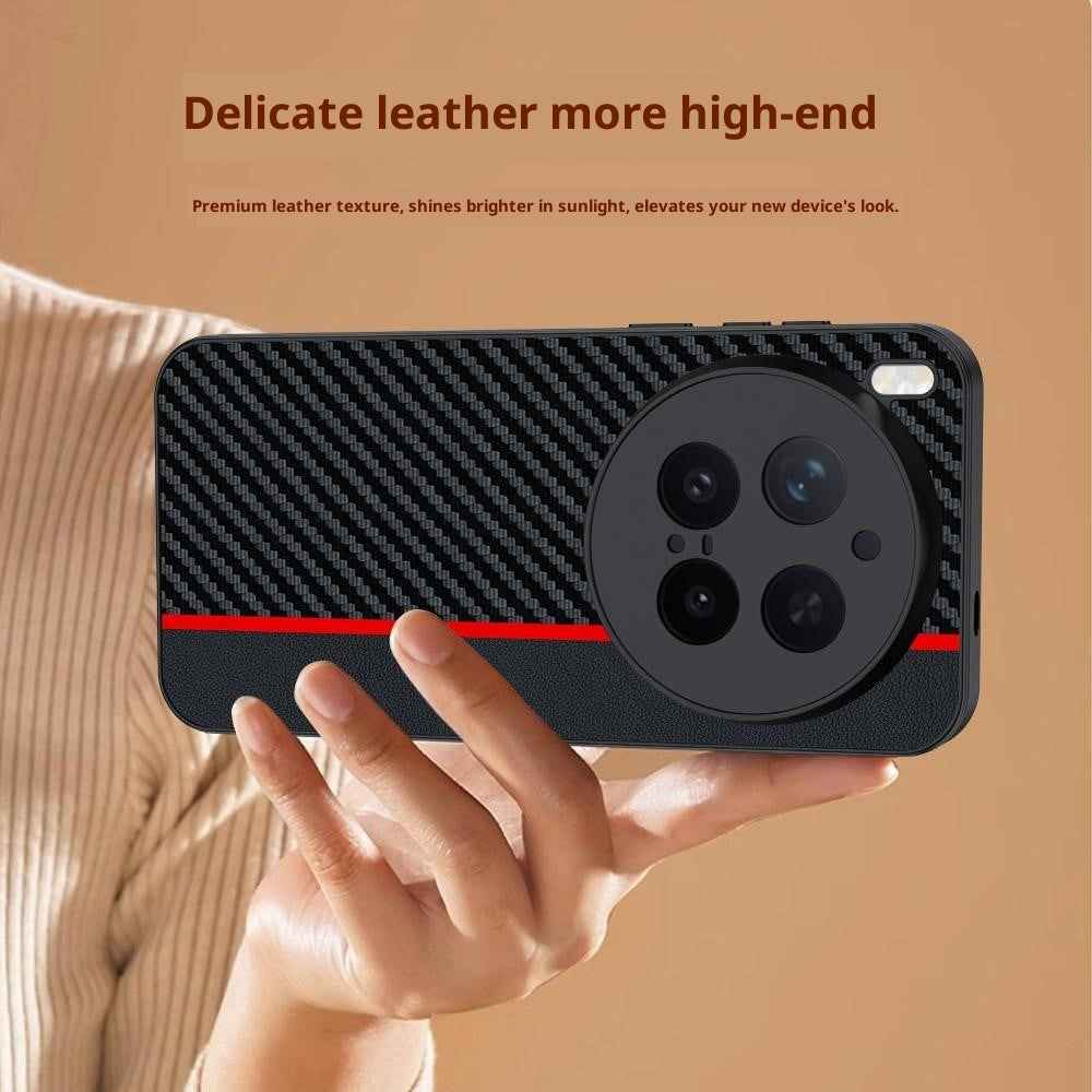 For vivo X300 Pro 5G Case Leather + PC Hard Phone Cover Carbon Fiber Texture - Black  /  Red