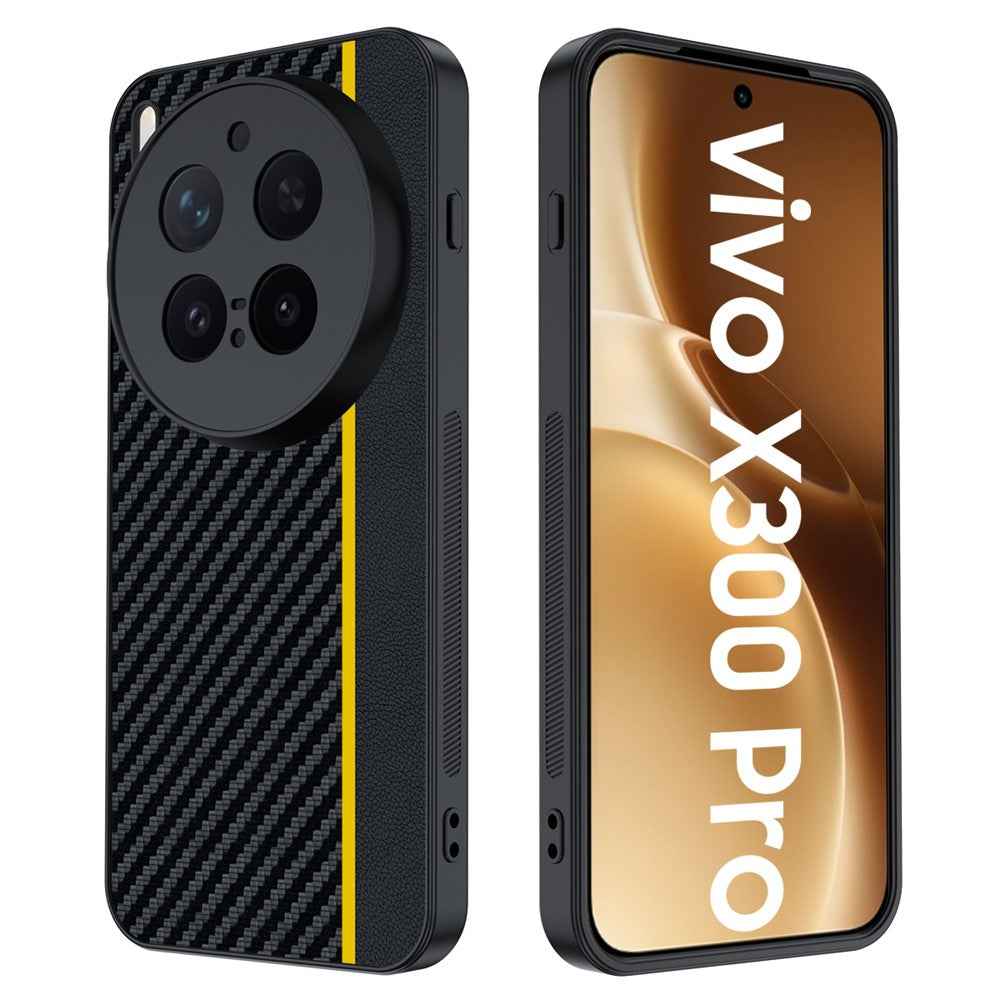For vivo X300 Pro 5G Case Leather + PC Hard Phone Cover Carbon Fiber Texture - Black  /  Yellow