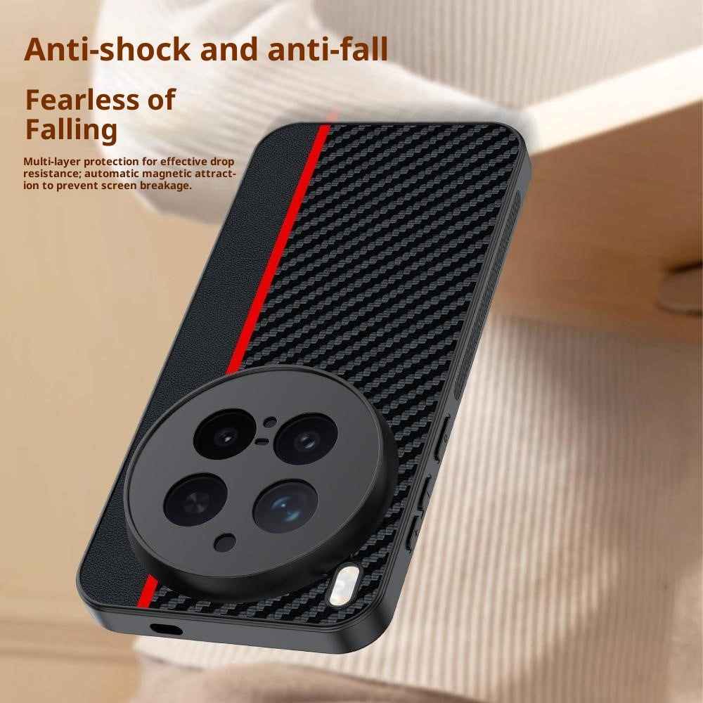 For vivo X300 Pro 5G Case Leather + PC Hard Phone Cover Carbon Fiber Texture - Black  /  Yellow