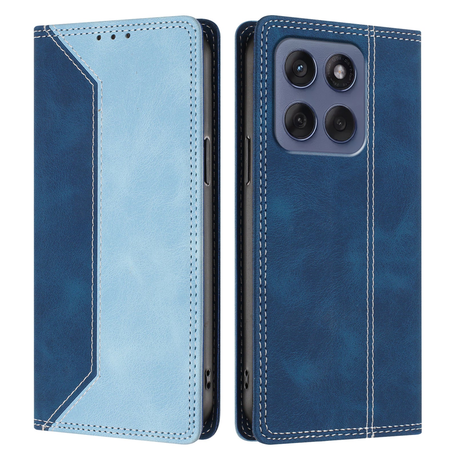 For Motorola Edge 70 5G Leather Case Skin Touch Color Splicing RFID Blocking Wallet Stand Phone Cover - Dark Blue / Blue