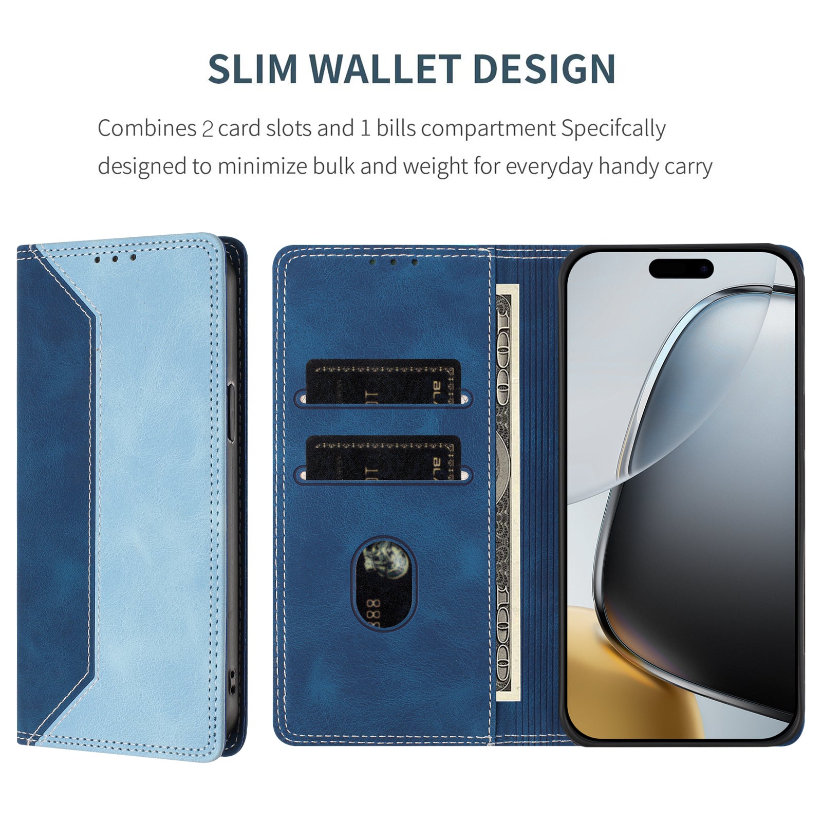 For Motorola Edge 70 5G Leather Case Skin Touch Color Splicing RFID Blocking Wallet Stand Phone Cover - Dark Blue / Blue