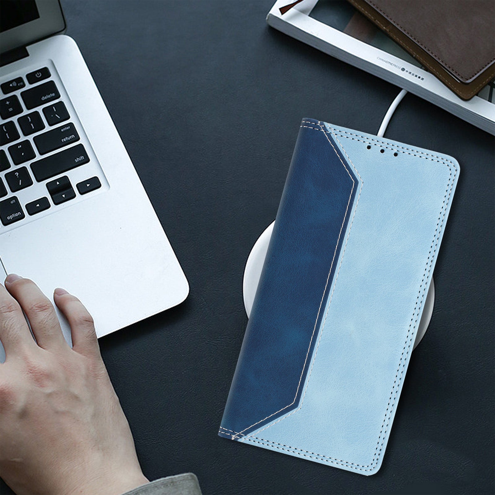 For Motorola Edge 70 5G Leather Case Skin Touch Color Splicing RFID Blocking Wallet Stand Phone Cover - Dark Blue / Blue