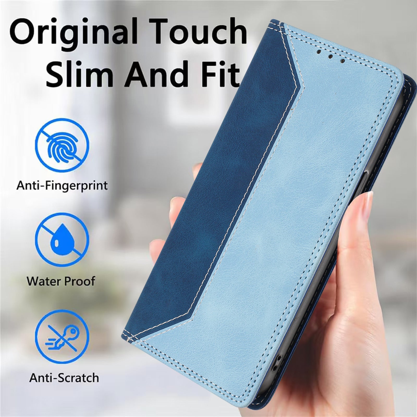 For Motorola Edge 70 5G Leather Case Skin Touch Color Splicing RFID Blocking Wallet Stand Phone Cover - Dark Blue / Blue