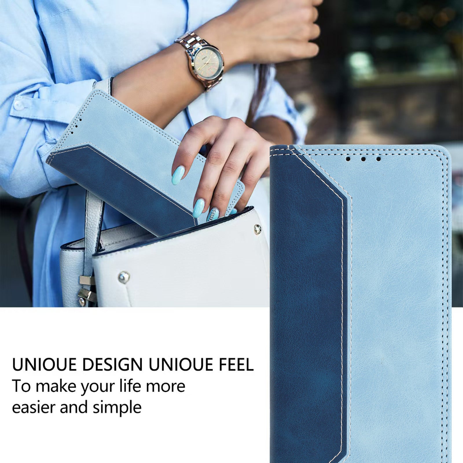 For Motorola Edge 70 5G Leather Case Skin Touch Color Splicing RFID Blocking Wallet Stand Phone Cover - Dark Blue / Blue