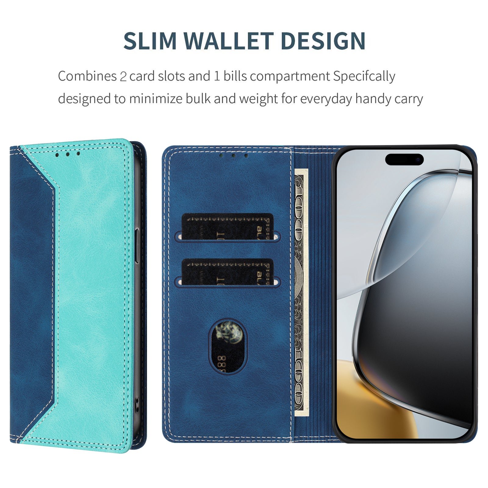 For Motorola Edge 70 5G Leather Case Skin Touch Color Splicing RFID Blocking Wallet Stand Phone Cover - Dark Blue / Green