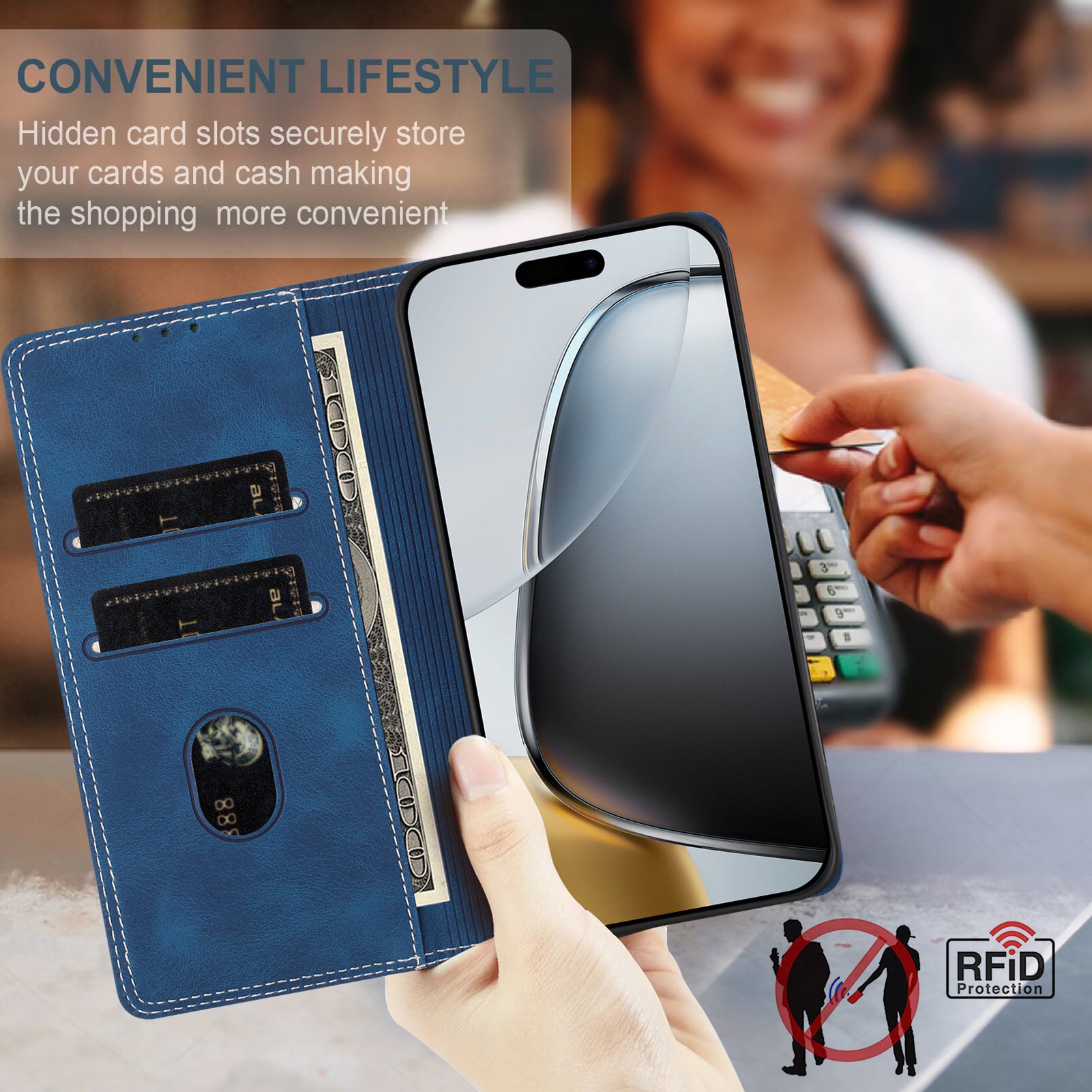For Motorola Edge 70 5G Leather Case Skin Touch Color Splicing RFID Blocking Wallet Stand Phone Cover - Dark Blue / Green