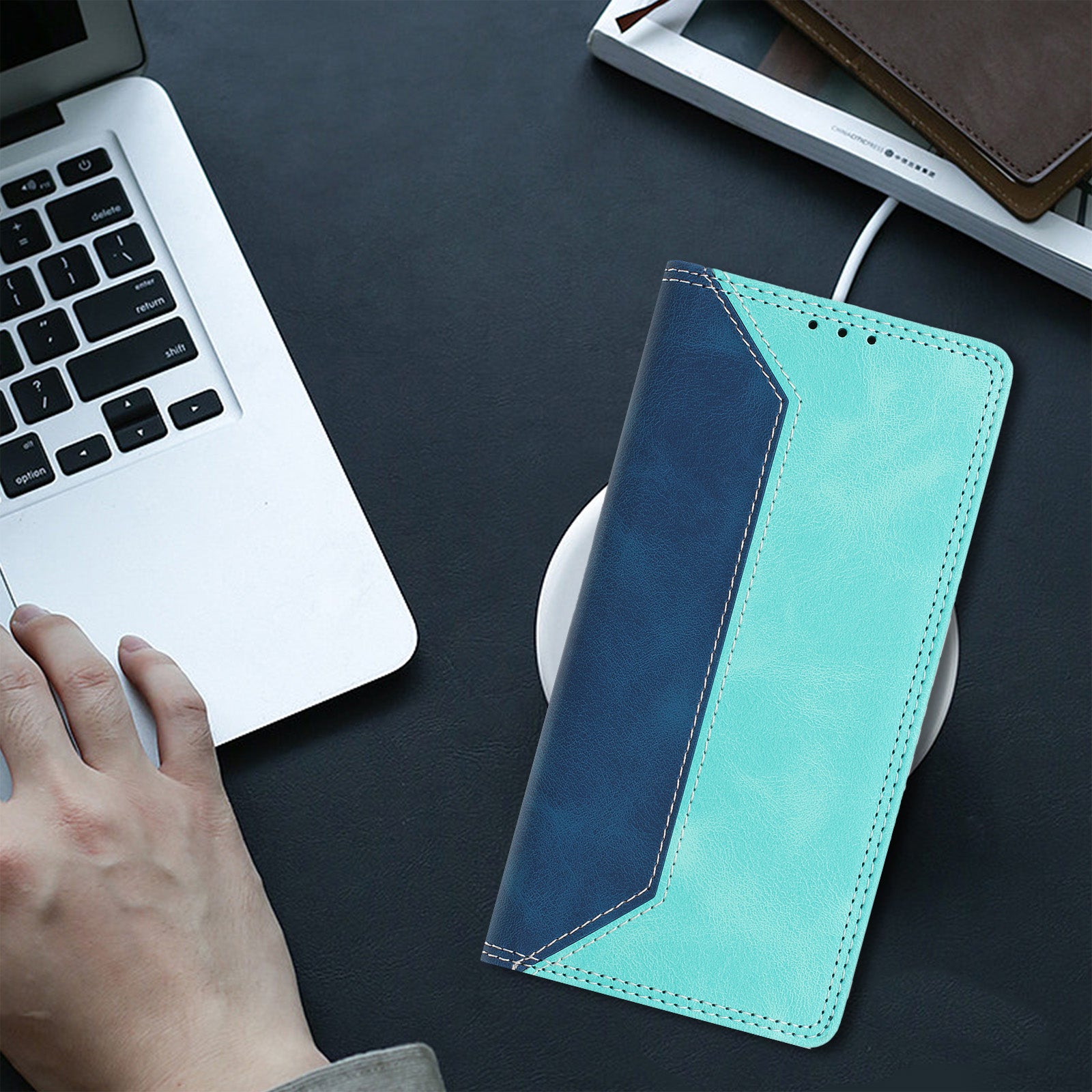 For Motorola Edge 70 5G Leather Case Skin Touch Color Splicing RFID Blocking Wallet Stand Phone Cover - Dark Blue / Green