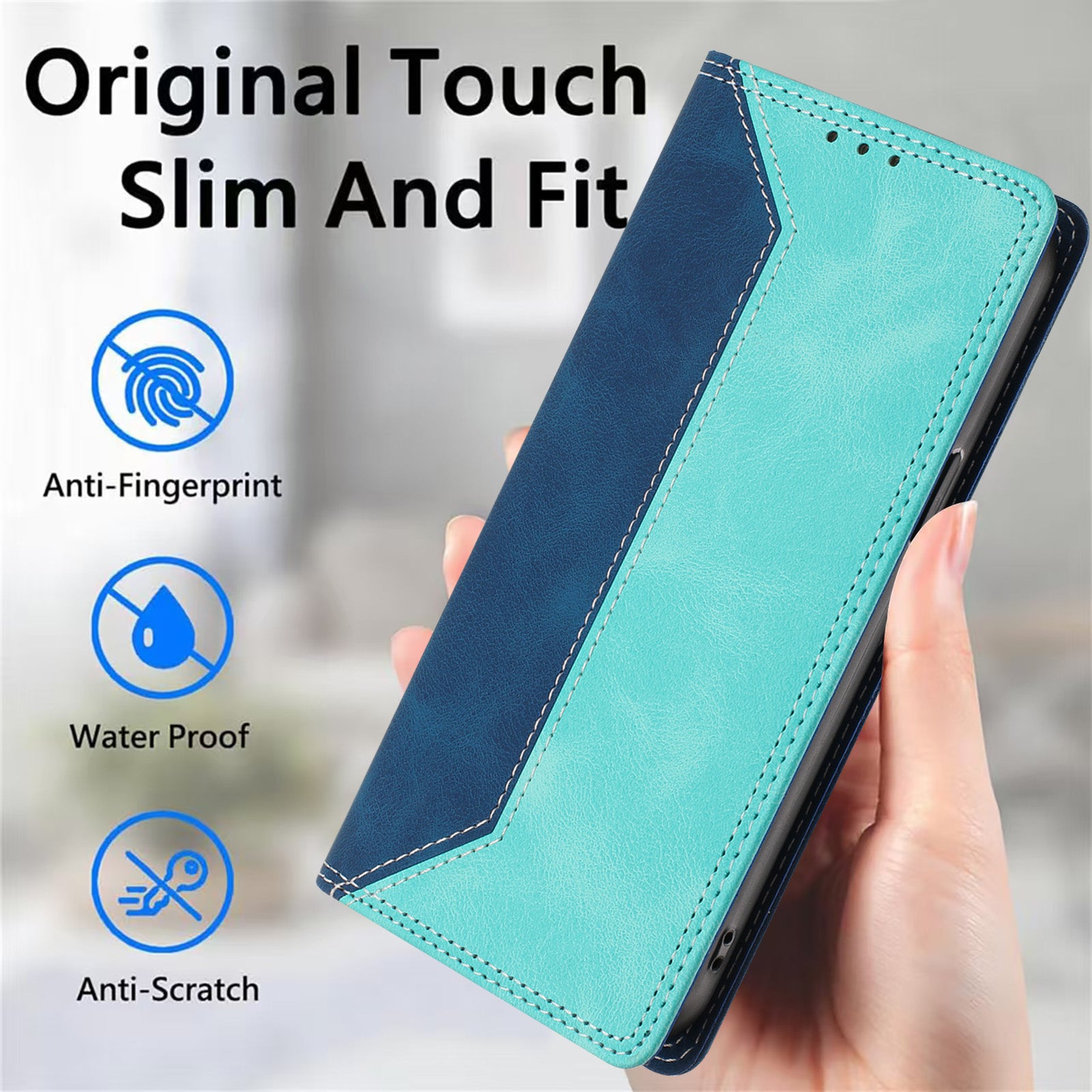 For Motorola Edge 70 5G Leather Case Skin Touch Color Splicing RFID Blocking Wallet Stand Phone Cover - Dark Blue / Green