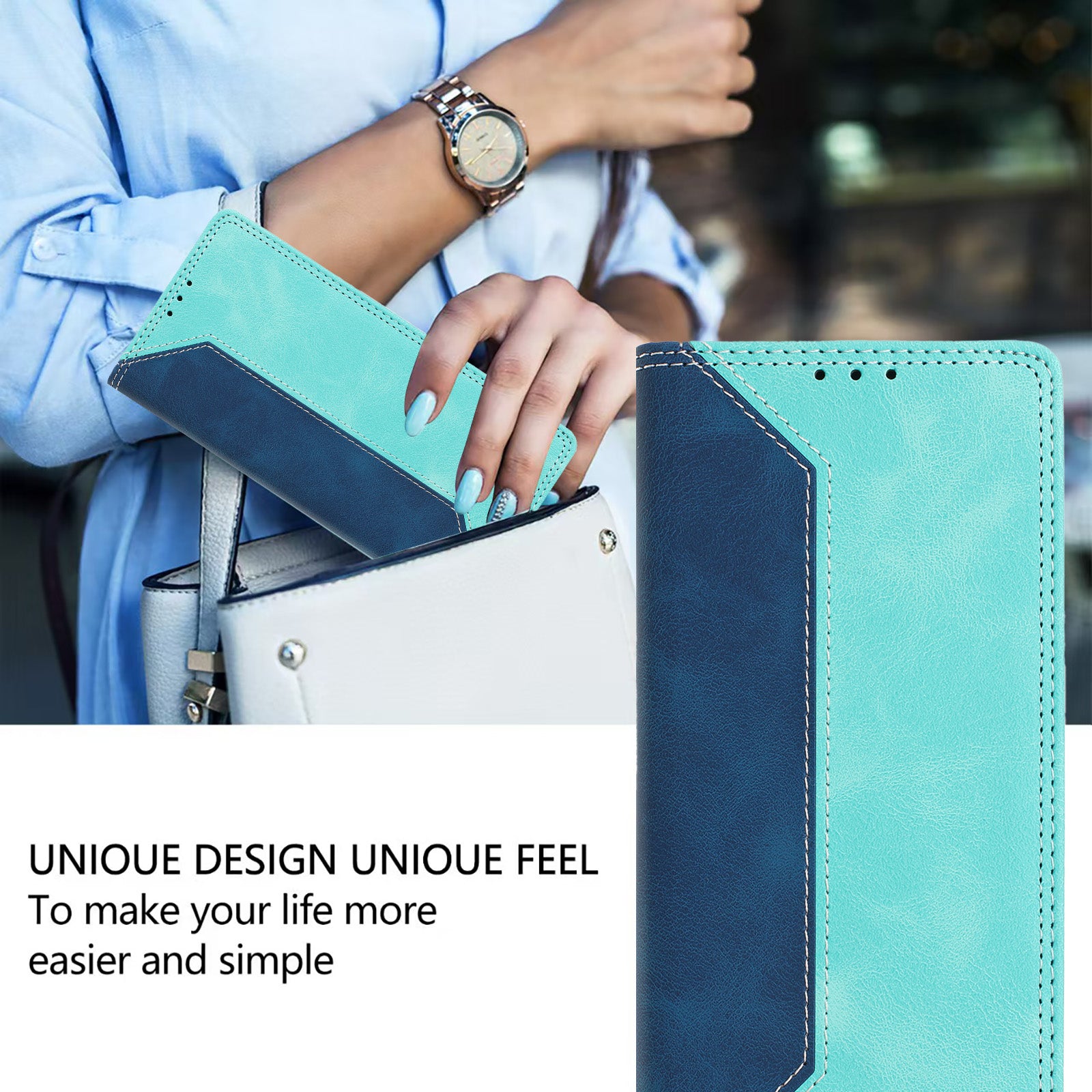 For Motorola Edge 70 5G Leather Case Skin Touch Color Splicing RFID Blocking Wallet Stand Phone Cover - Dark Blue / Green