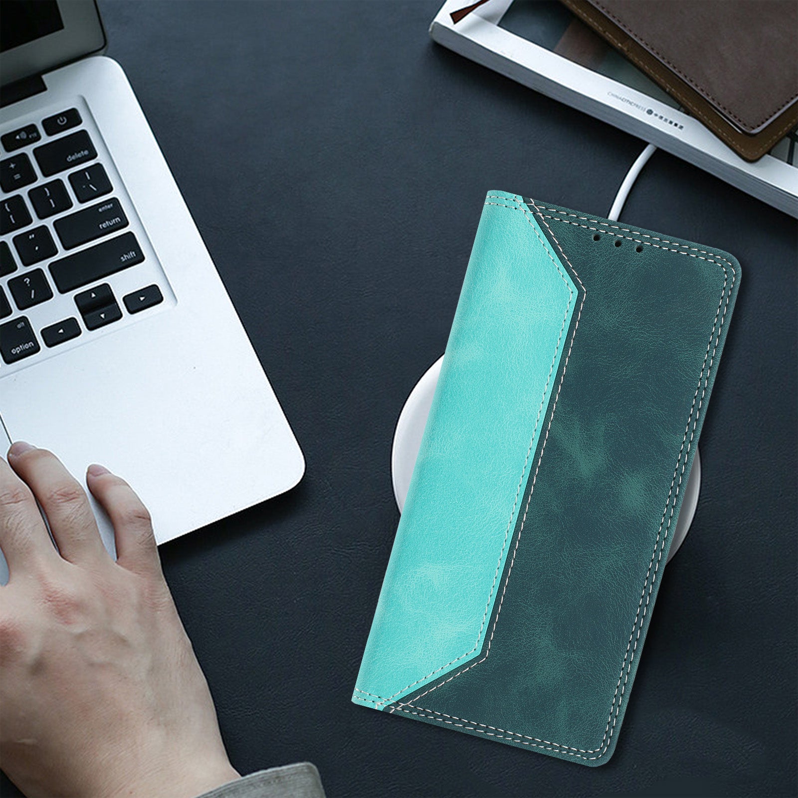 For Motorola Edge 70 5G Leather Case Skin Touch Color Splicing RFID Blocking Wallet Stand Phone Cover - Green / Dark Green