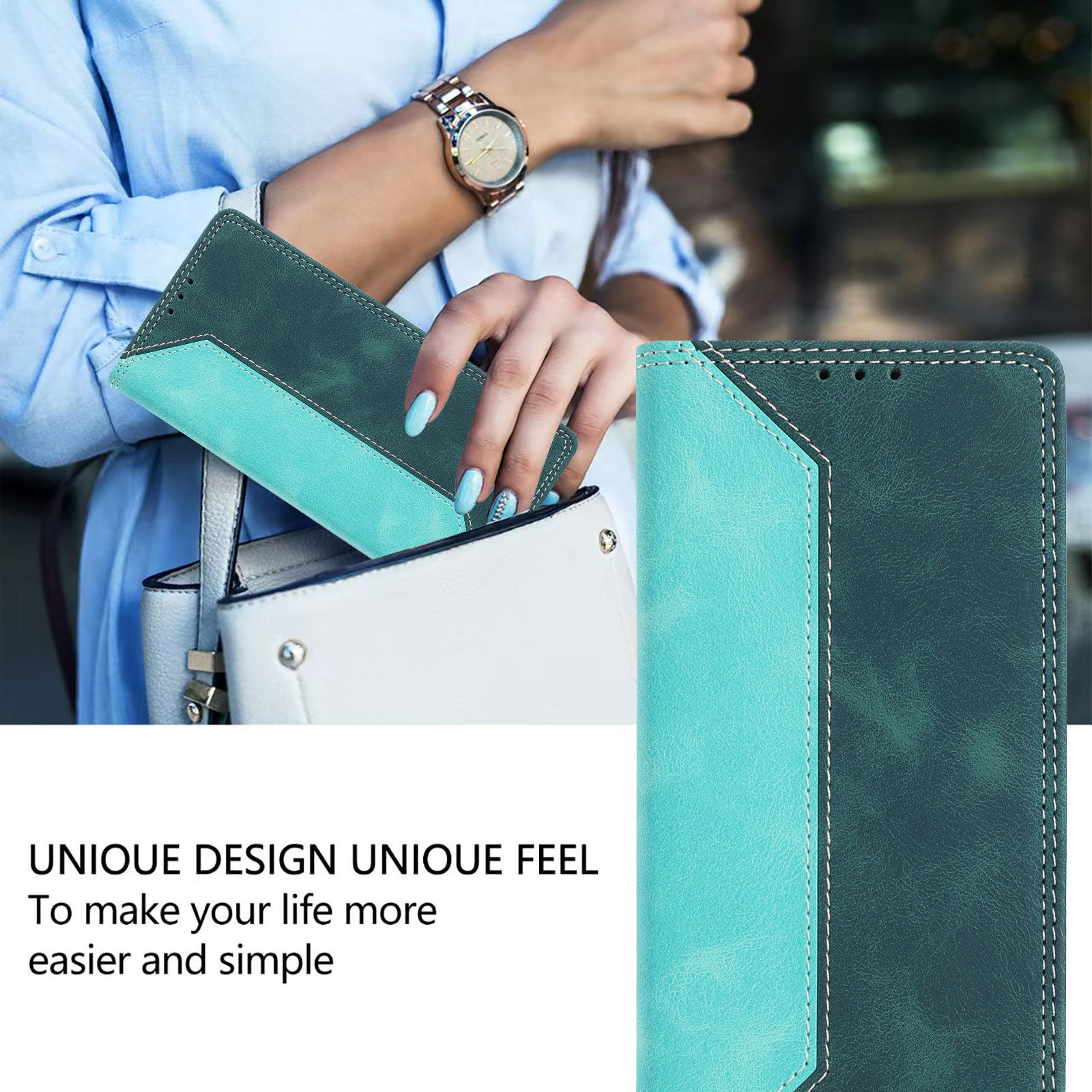 For Motorola Edge 70 5G Leather Case Skin Touch Color Splicing RFID Blocking Wallet Stand Phone Cover - Green / Dark Green