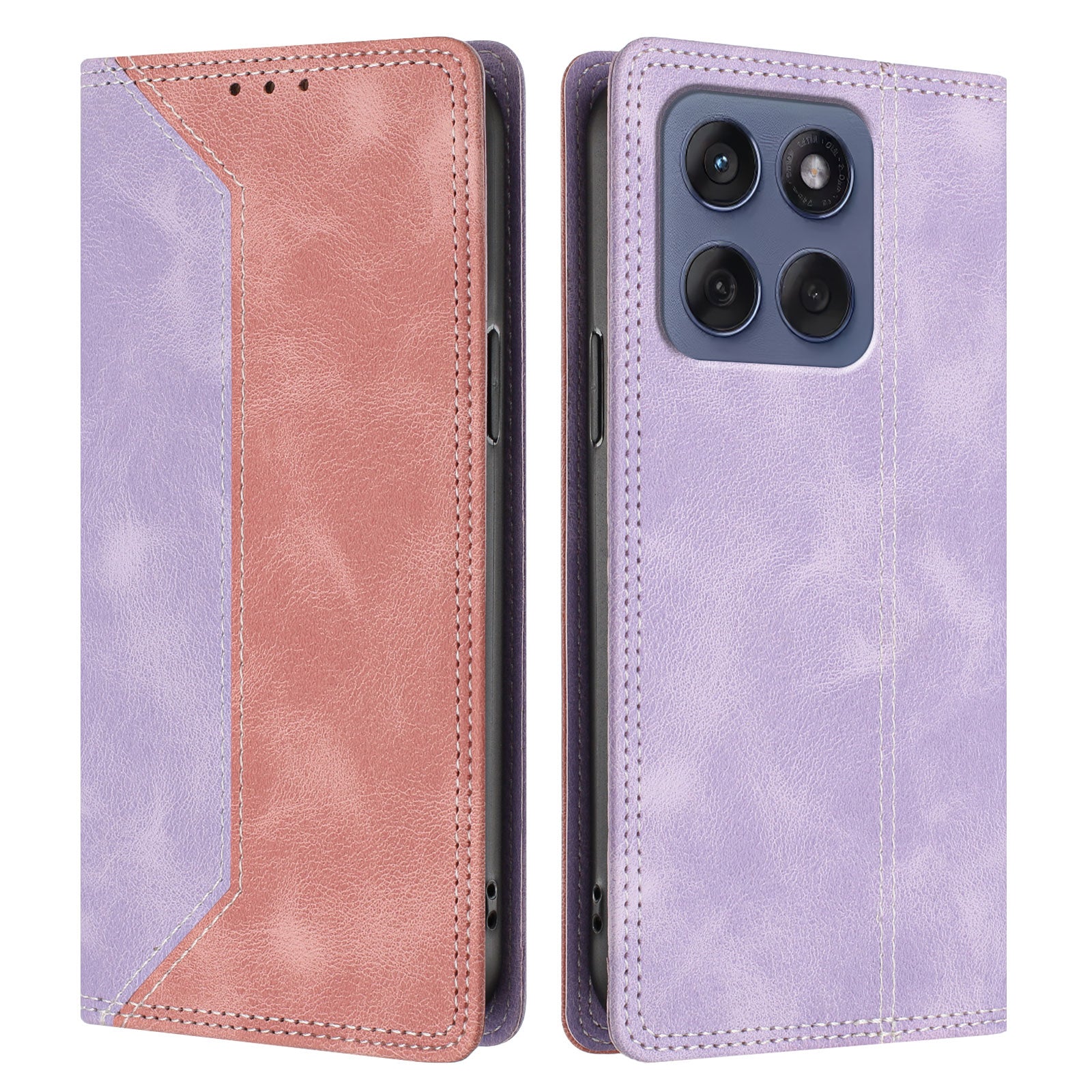 For Motorola Edge 70 5G Leather Case Skin Touch Color Splicing RFID Blocking Wallet Stand Phone Cover - Purple / Pink