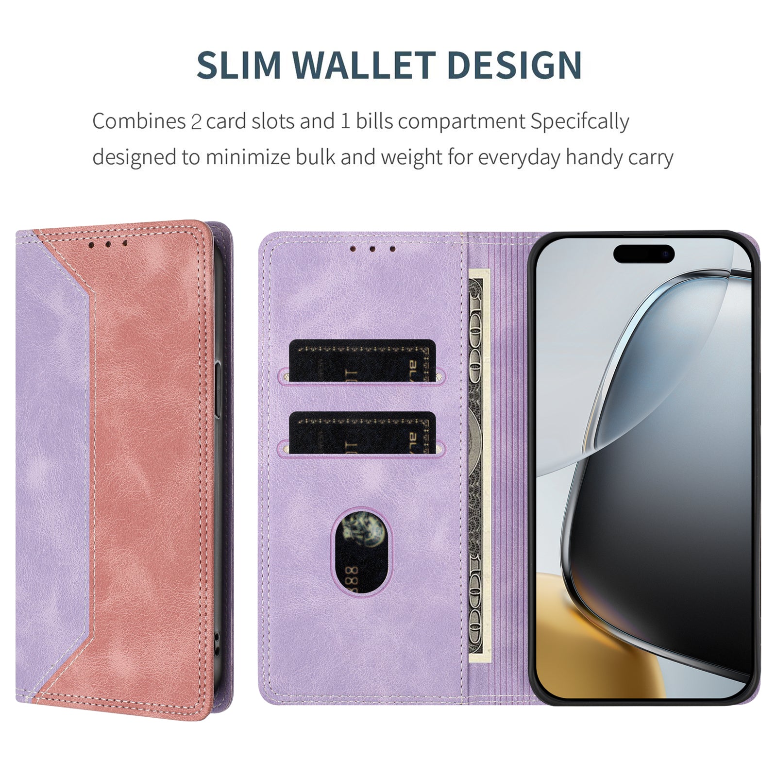 For Motorola Edge 70 5G Leather Case Skin Touch Color Splicing RFID Blocking Wallet Stand Phone Cover - Purple / Pink