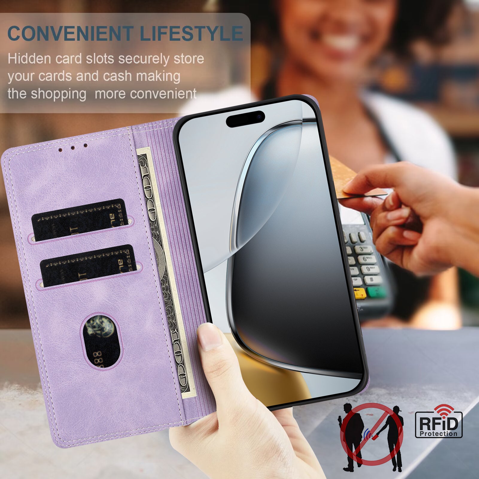 For Motorola Edge 70 5G Leather Case Skin Touch Color Splicing RFID Blocking Wallet Stand Phone Cover - Purple / Pink