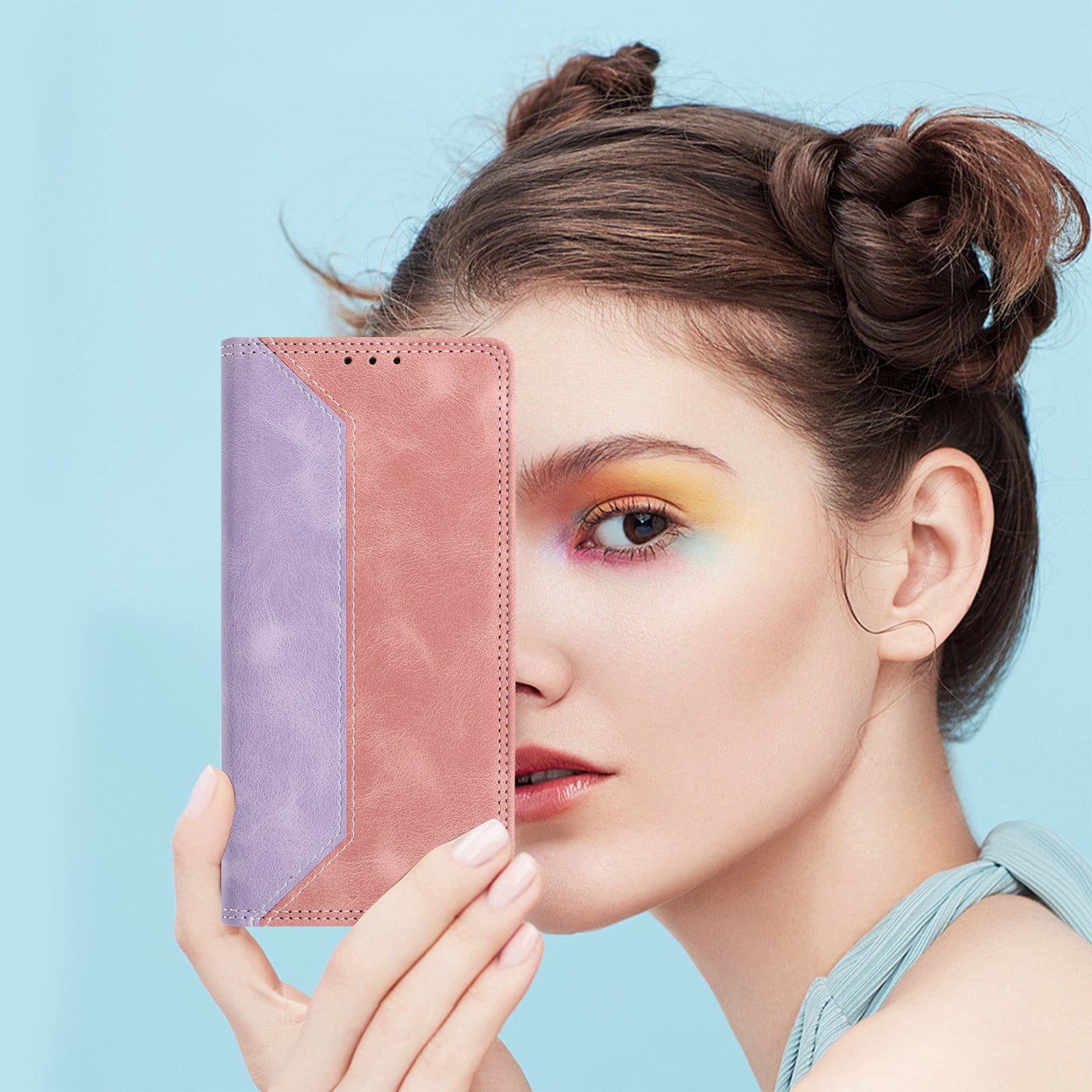 For Motorola Edge 70 5G Leather Case Skin Touch Color Splicing RFID Blocking Wallet Stand Phone Cover - Purple / Pink