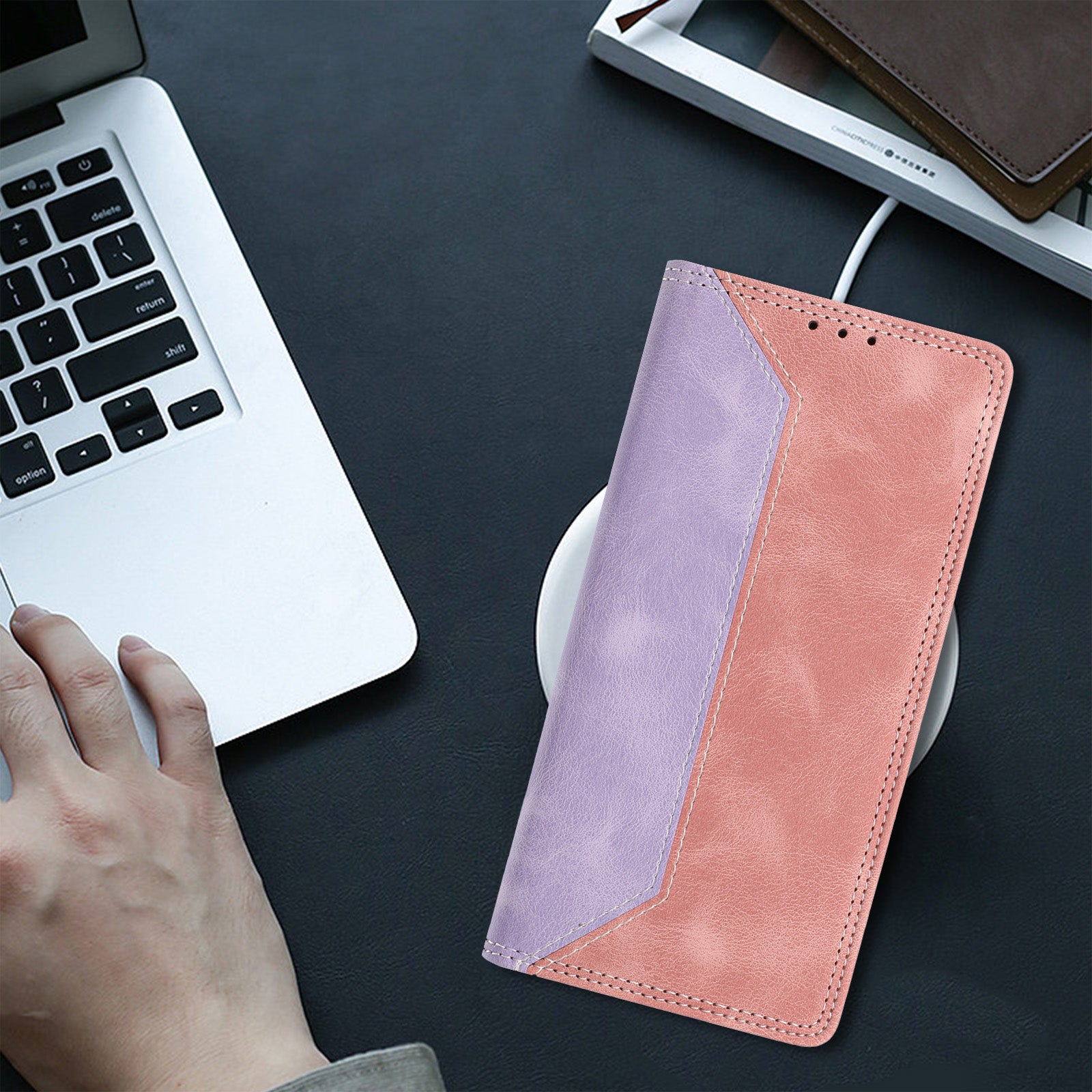 For Motorola Edge 70 5G Leather Case Skin Touch Color Splicing RFID Blocking Wallet Stand Phone Cover - Purple / Pink