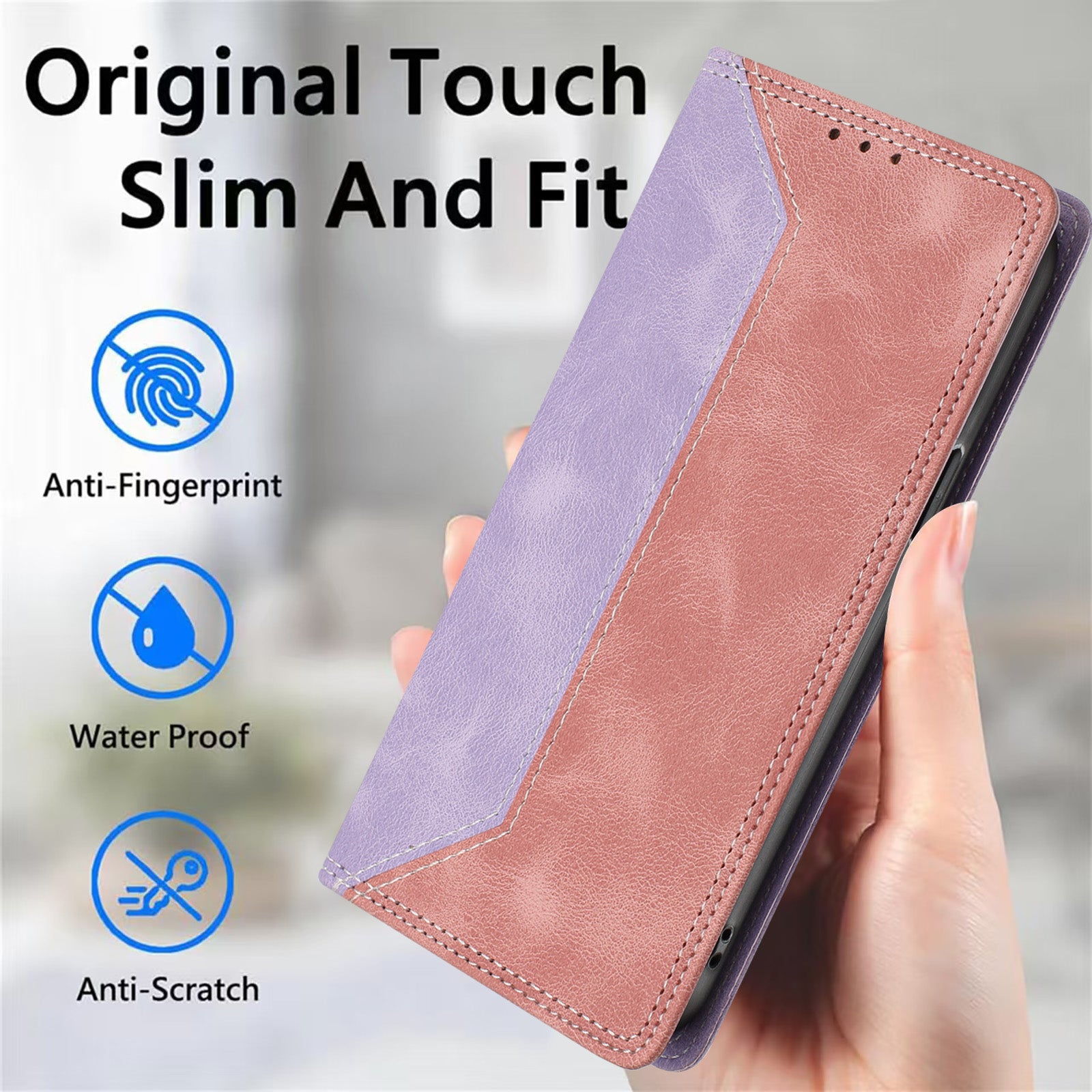 For Motorola Edge 70 5G Leather Case Skin Touch Color Splicing RFID Blocking Wallet Stand Phone Cover - Purple / Pink