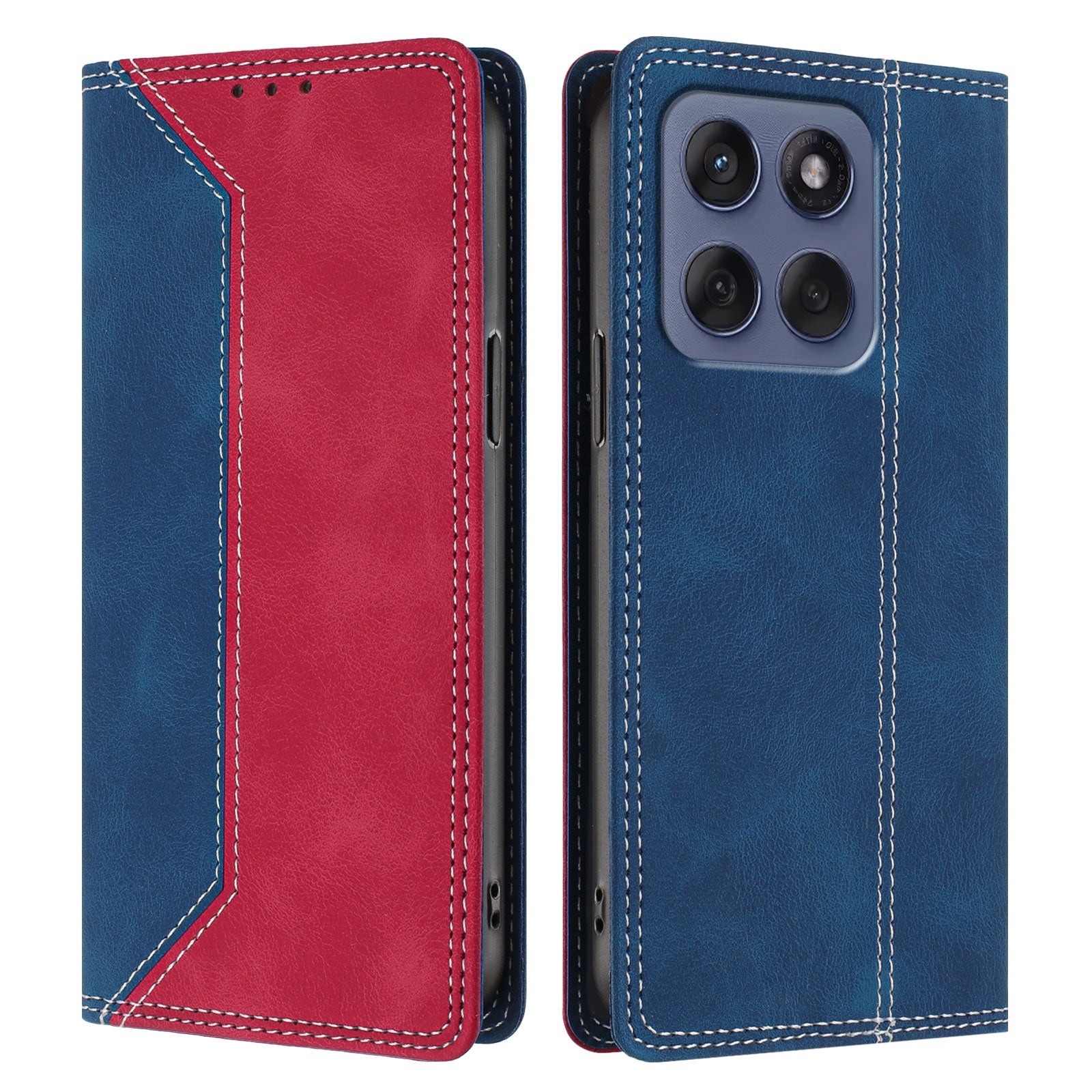 For Motorola Edge 70 5G Leather Case Skin Touch Color Splicing RFID Blocking Wallet Stand Phone Cover - Dark Blue / Red