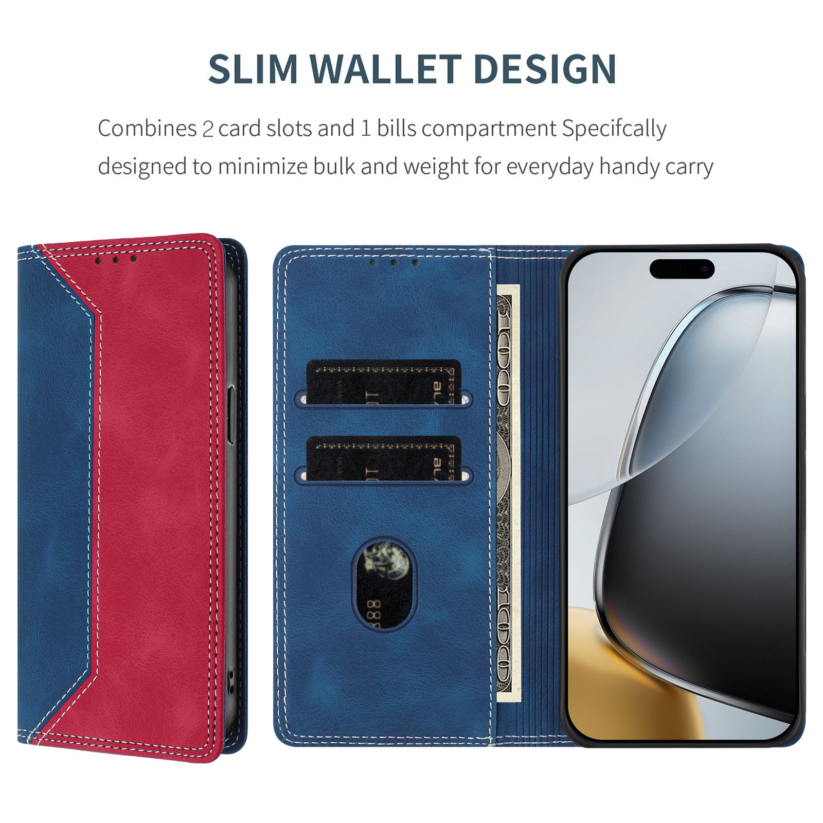 For Motorola Edge 70 5G Leather Case Skin Touch Color Splicing RFID Blocking Wallet Stand Phone Cover - Dark Blue / Red