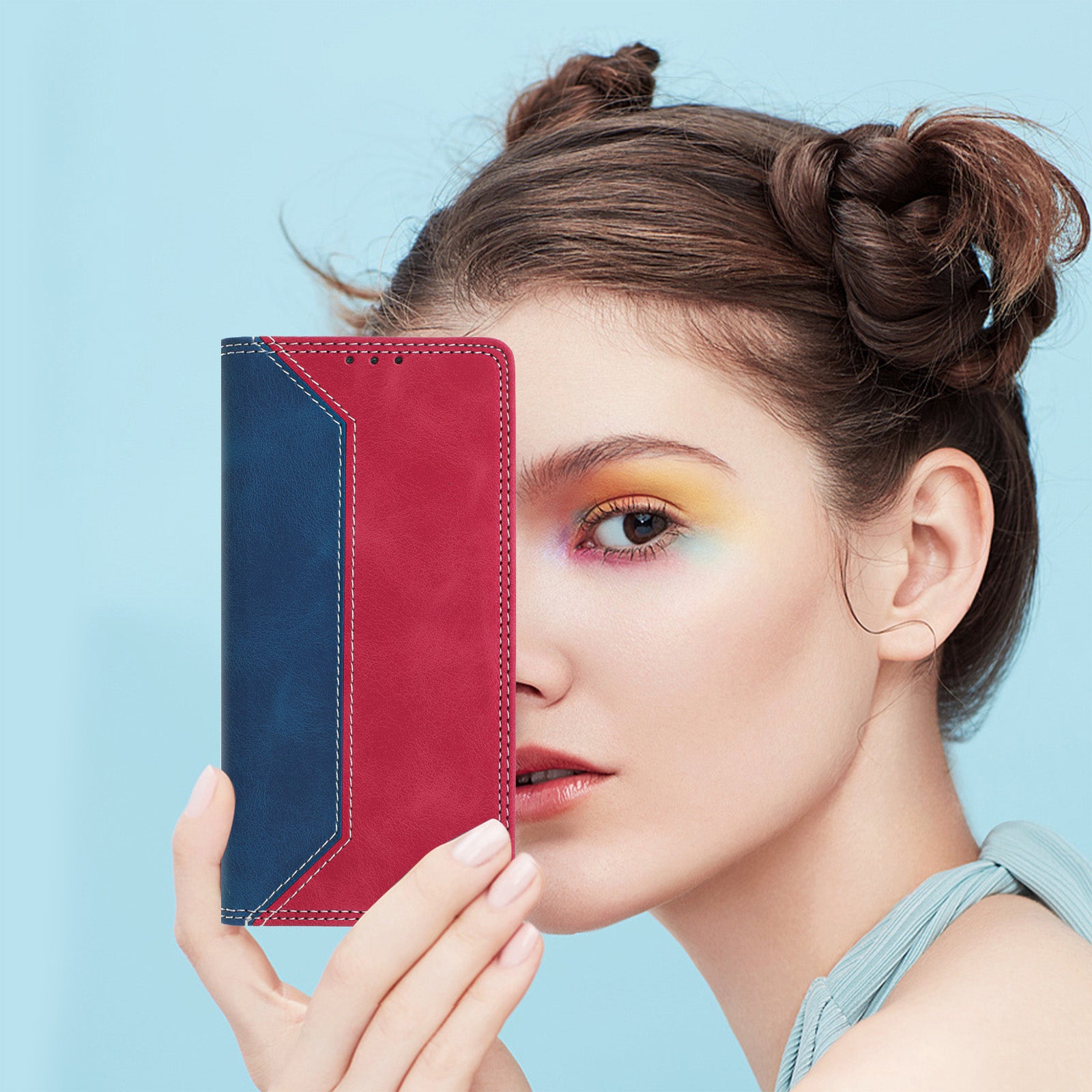 For Motorola Edge 70 5G Leather Case Skin Touch Color Splicing RFID Blocking Wallet Stand Phone Cover - Dark Blue / Red