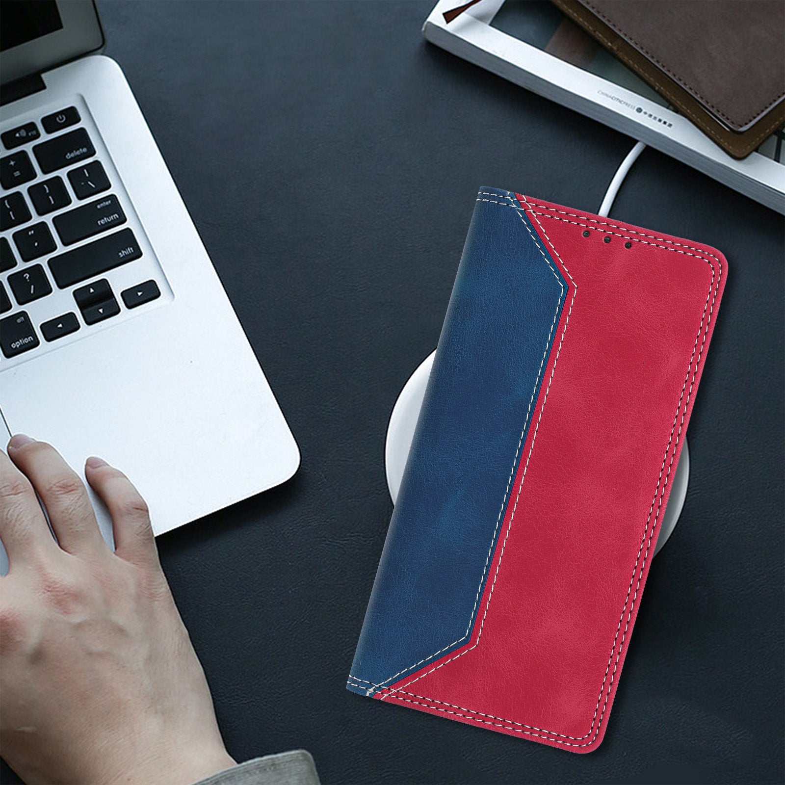 For Motorola Edge 70 5G Leather Case Skin Touch Color Splicing RFID Blocking Wallet Stand Phone Cover - Dark Blue / Red