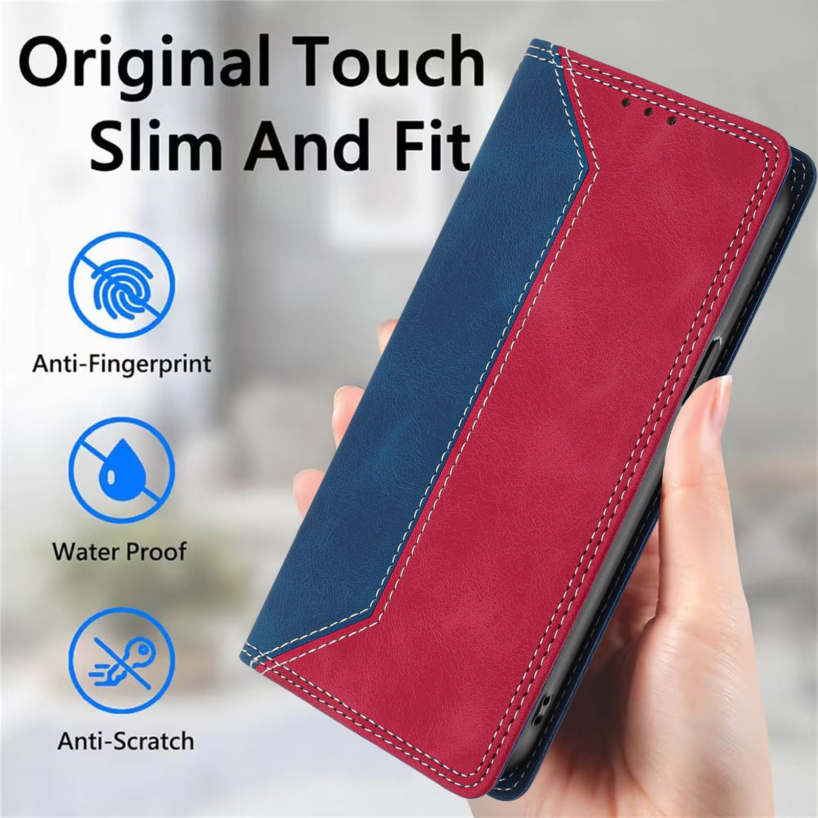 For Motorola Edge 70 5G Leather Case Skin Touch Color Splicing RFID Blocking Wallet Stand Phone Cover - Dark Blue / Red
