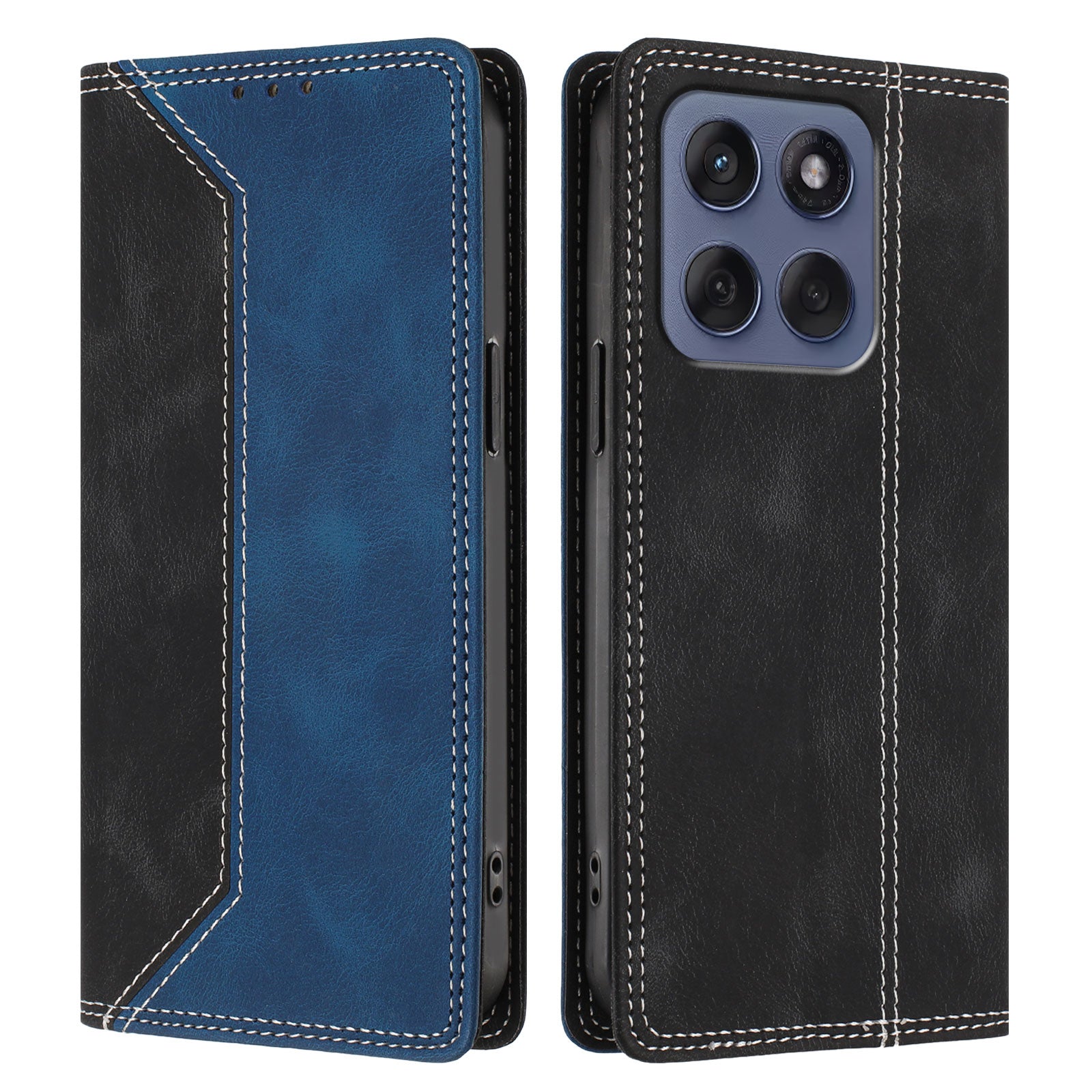 For Motorola Edge 70 5G Leather Case Skin Touch Color Splicing RFID Blocking Wallet Stand Phone Cover - Black / Dark Blue
