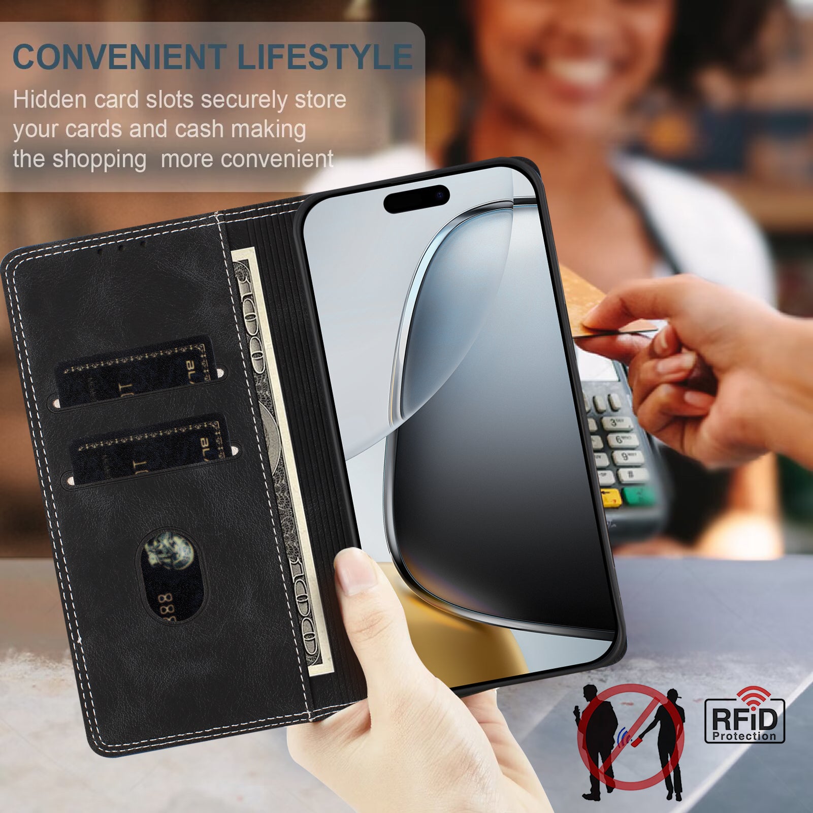 For Motorola Edge 70 5G Leather Case Skin Touch Color Splicing RFID Blocking Wallet Stand Phone Cover - Black / Dark Blue