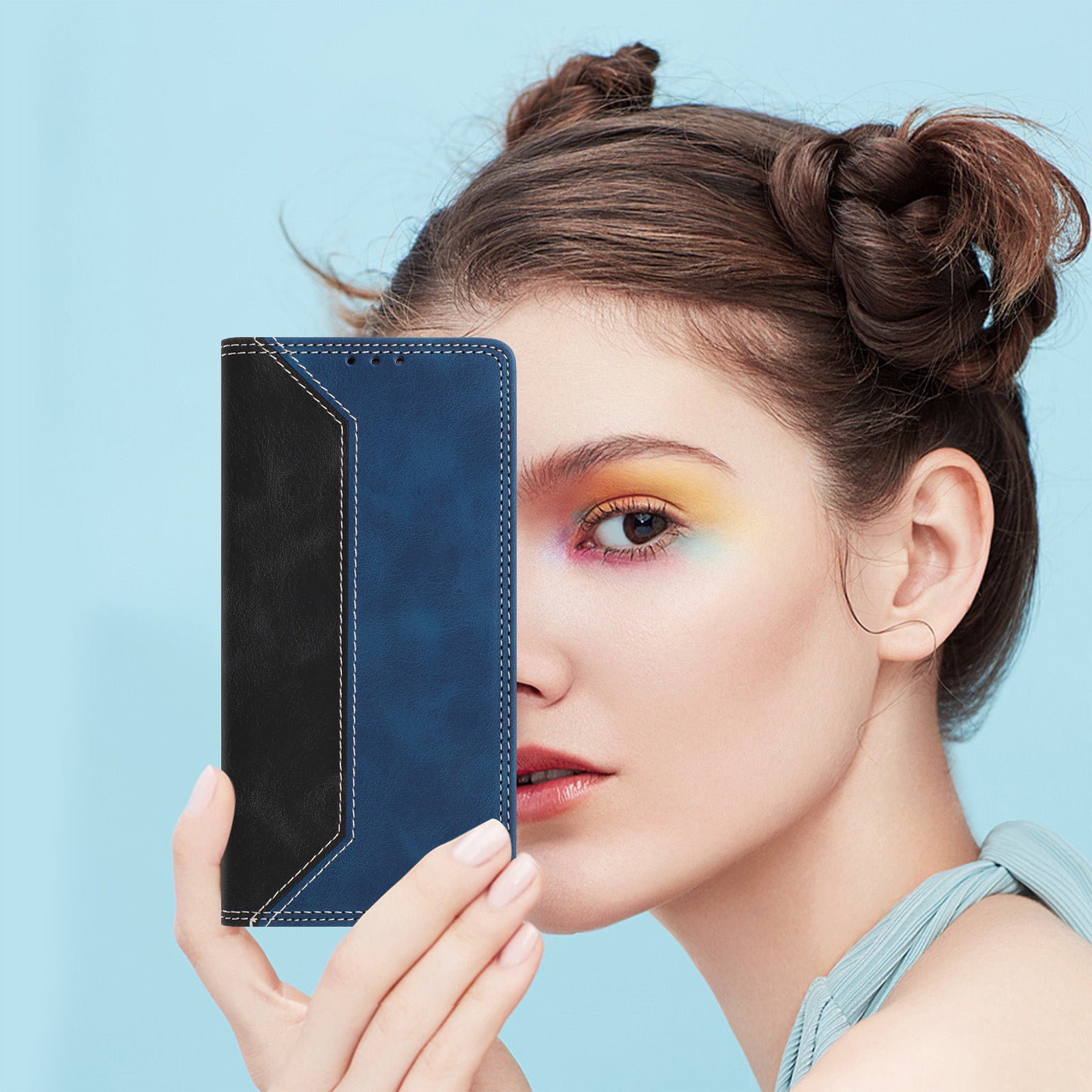 For Motorola Edge 70 5G Leather Case Skin Touch Color Splicing RFID Blocking Wallet Stand Phone Cover - Black / Dark Blue