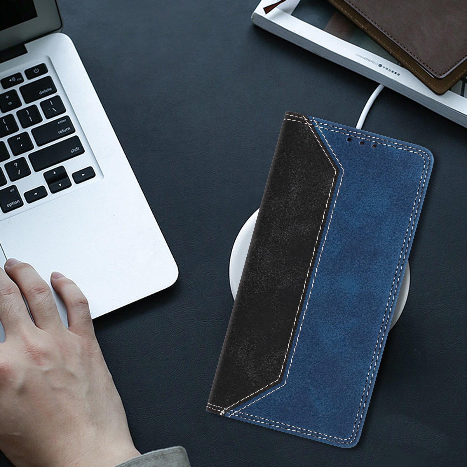 For Motorola Edge 70 5G Leather Case Skin Touch Color Splicing RFID Blocking Wallet Stand Phone Cover - Black / Dark Blue