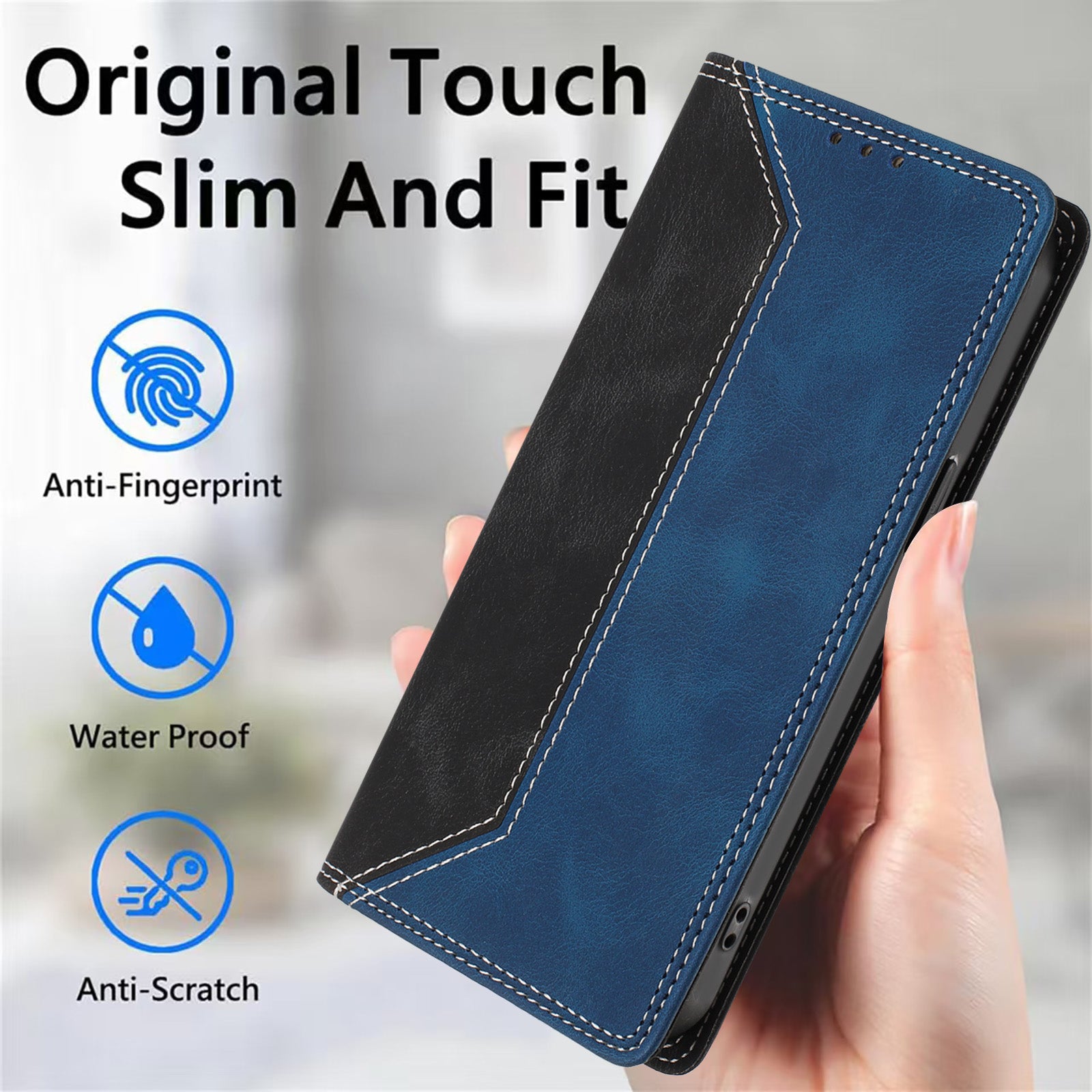 For Motorola Edge 70 5G Leather Case Skin Touch Color Splicing RFID Blocking Wallet Stand Phone Cover - Black / Dark Blue