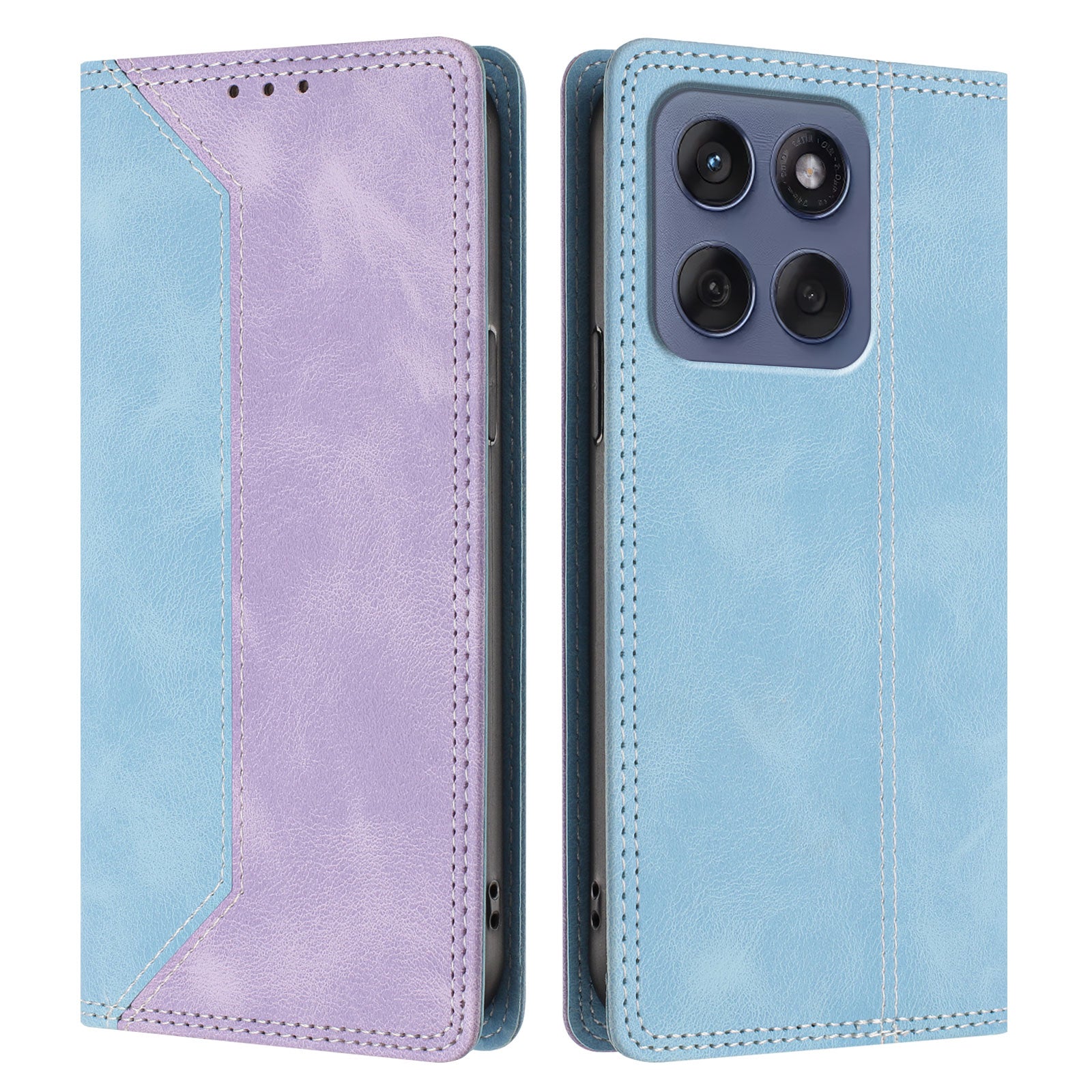 For Motorola Edge 70 5G Leather Case Skin Touch Color Splicing RFID Blocking Wallet Stand Phone Cover - Blue / Purple