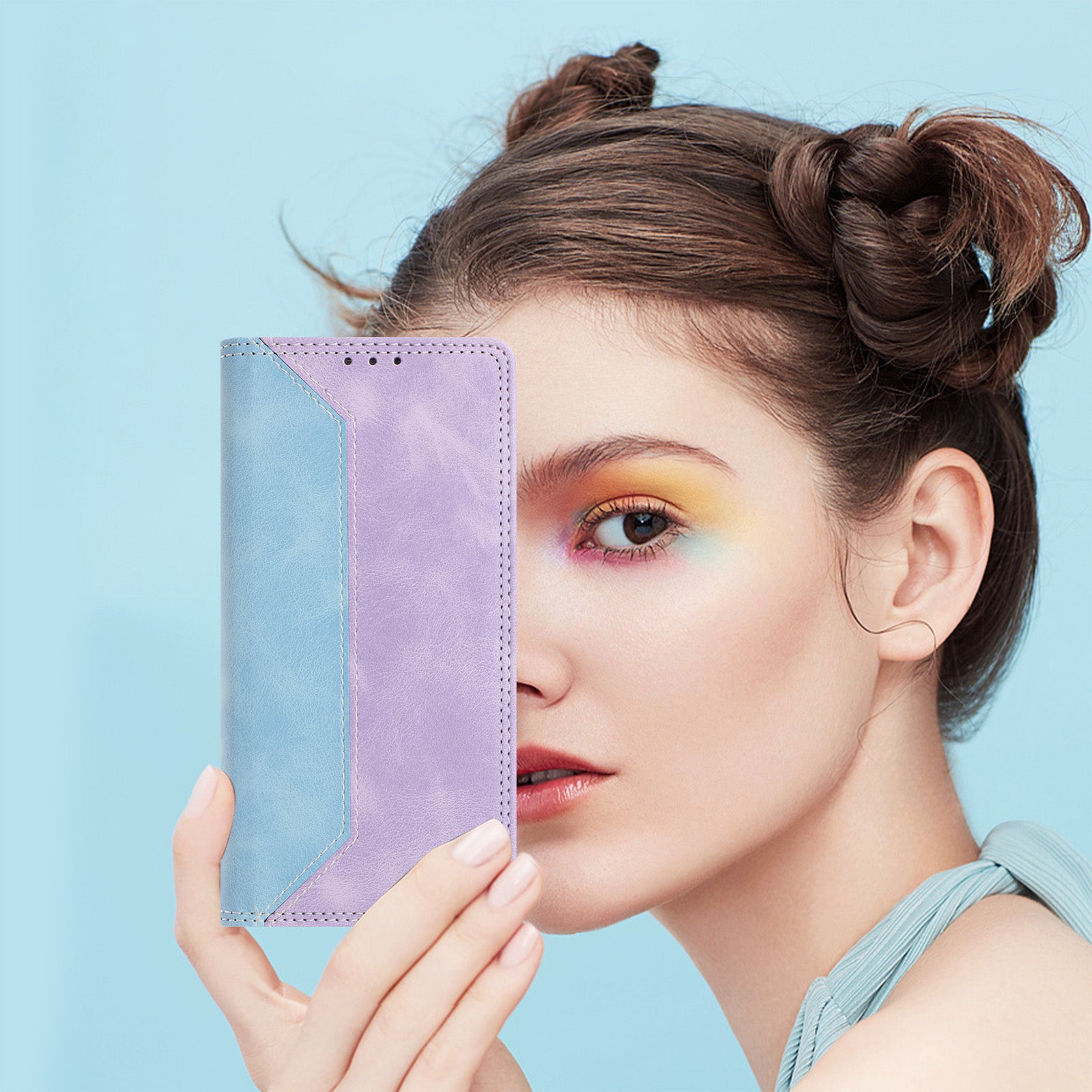 For Motorola Edge 70 5G Leather Case Skin Touch Color Splicing RFID Blocking Wallet Stand Phone Cover - Blue / Purple