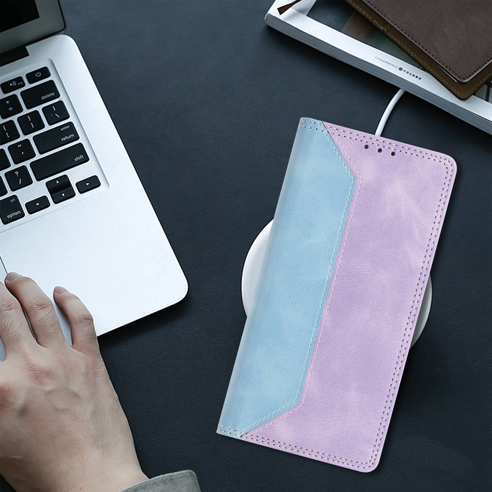 For Motorola Edge 70 5G Leather Case Skin Touch Color Splicing RFID Blocking Wallet Stand Phone Cover - Blue / Purple