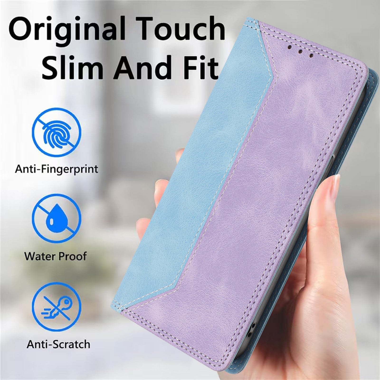 For Motorola Edge 70 5G Leather Case Skin Touch Color Splicing RFID Blocking Wallet Stand Phone Cover - Blue / Purple