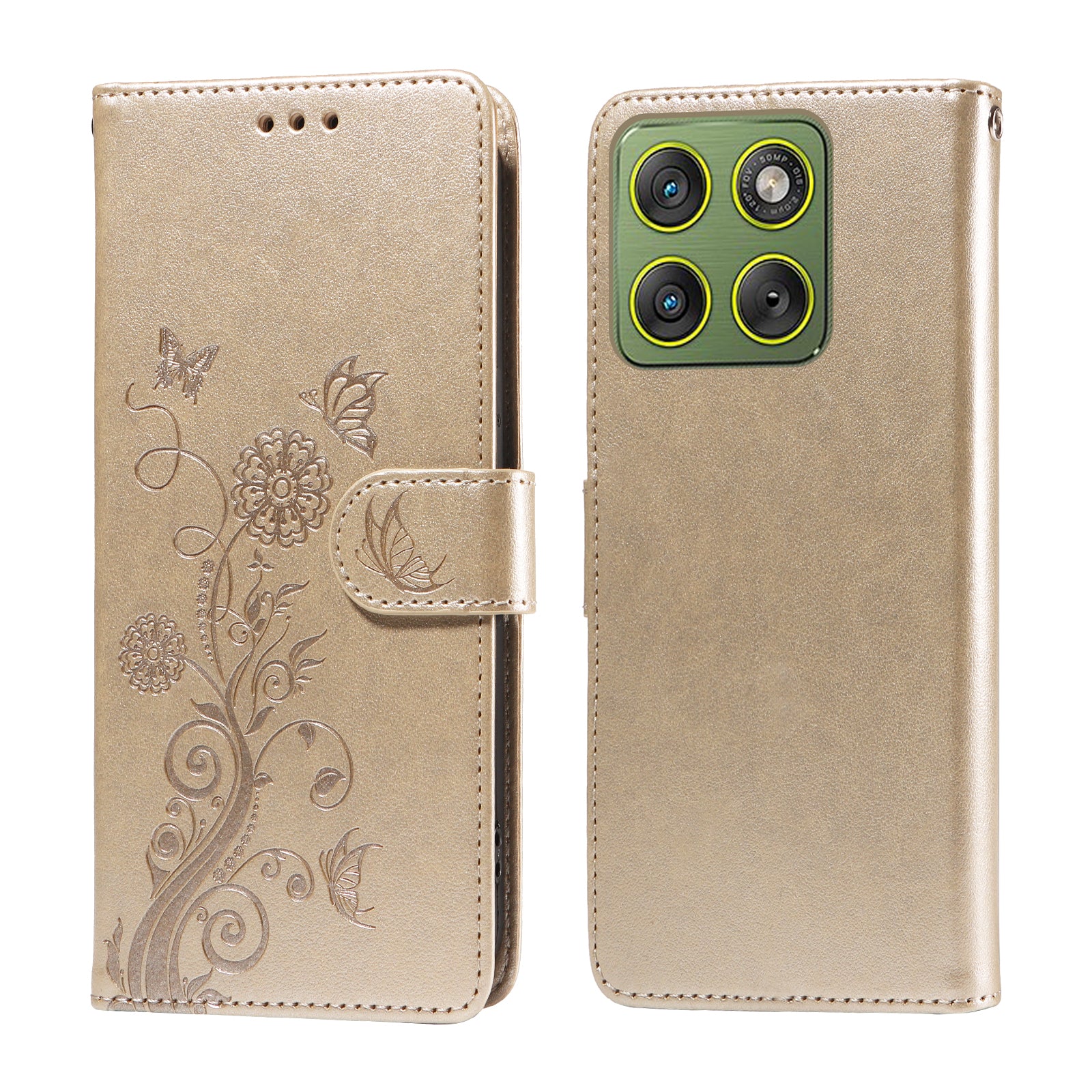 For Motorola Edge 70 5G Leather Case Butterfly Floral Imprint Wallet Stand Cover - Golden