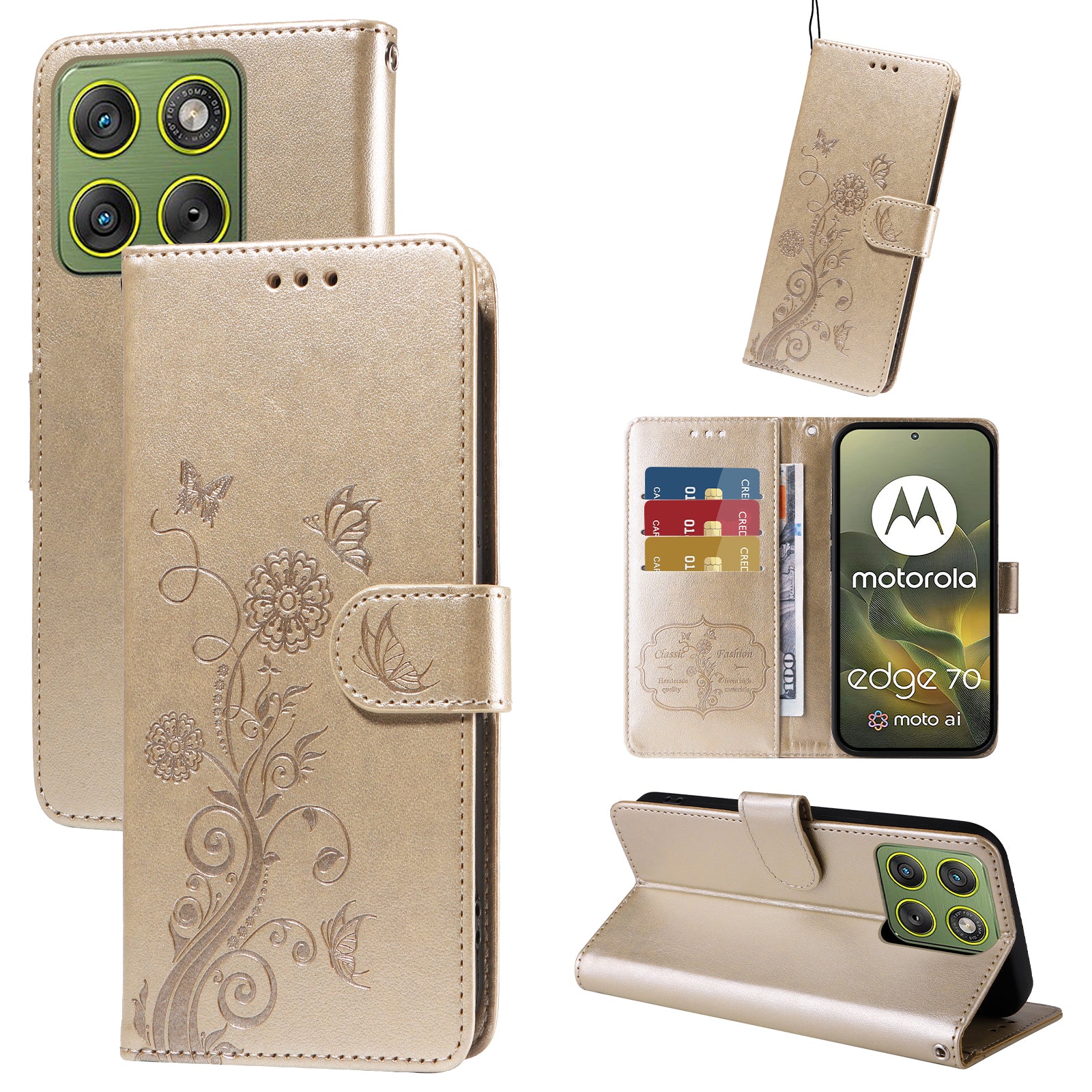 For Motorola Edge 70 5G Leather Case Butterfly Floral Imprint Wallet Stand Cover - Golden