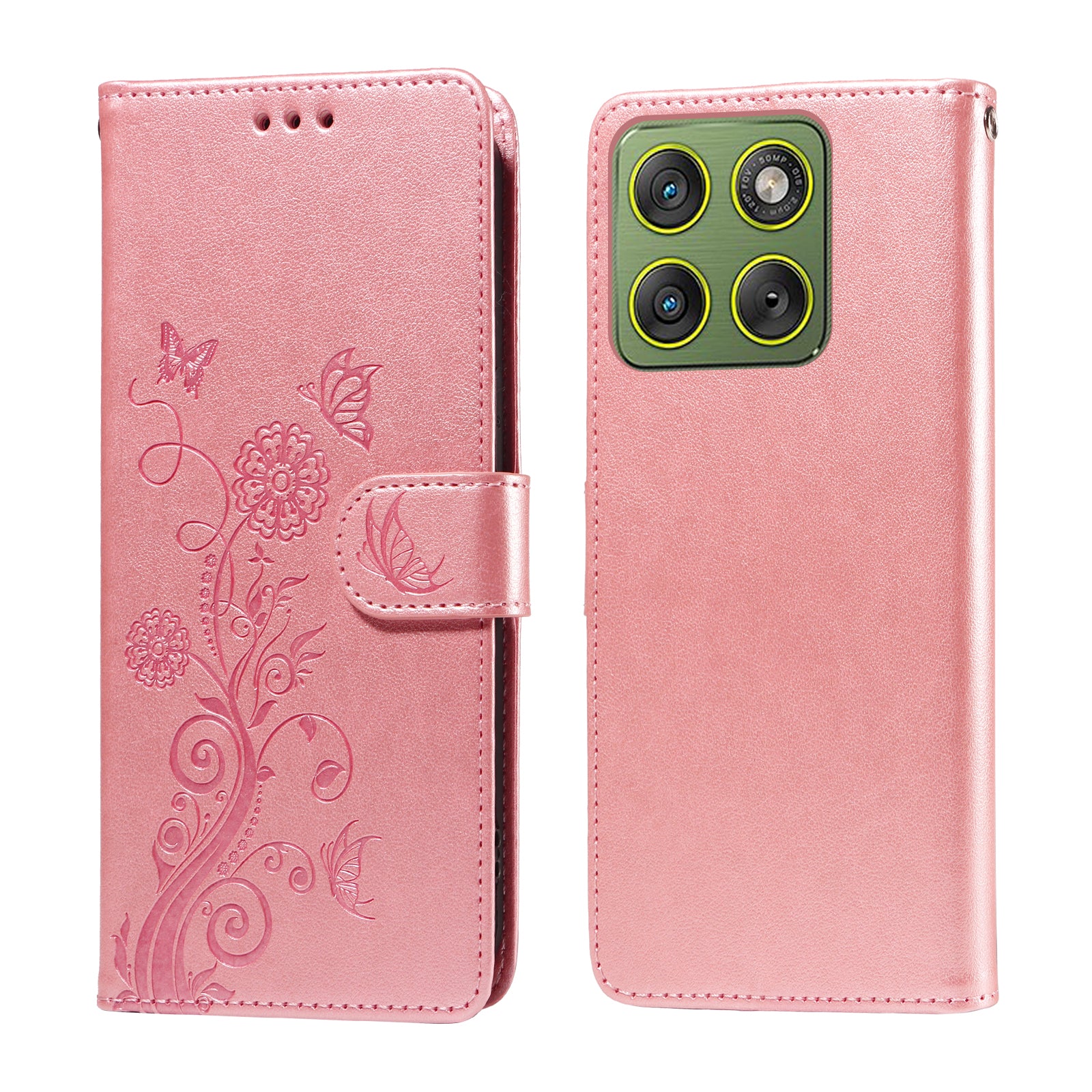 For Motorola Edge 70 5G Leather Case Butterfly Floral Imprint Wallet Stand Cover - Pink