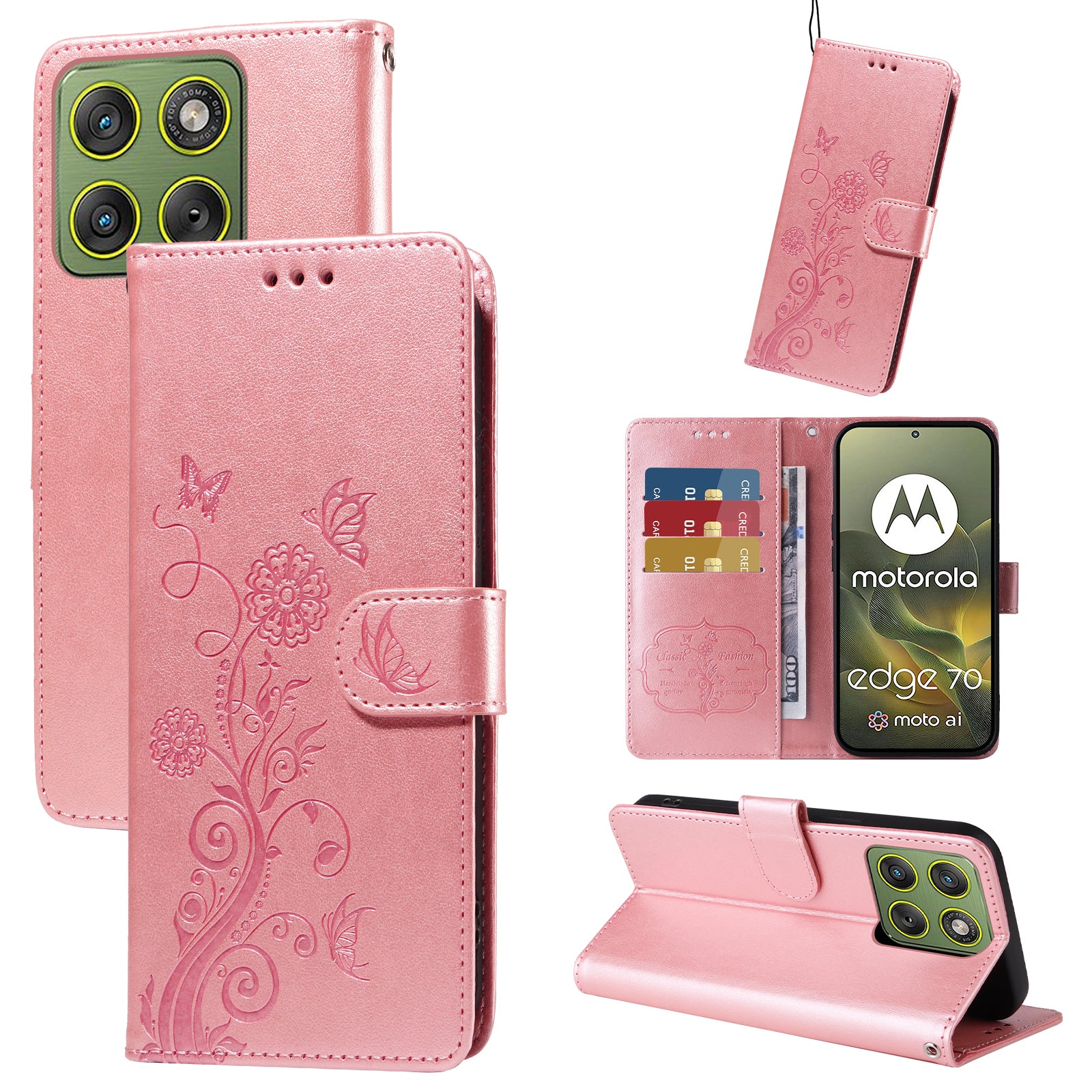 For Motorola Edge 70 5G Leather Case Butterfly Floral Imprint Wallet Stand Cover - Pink